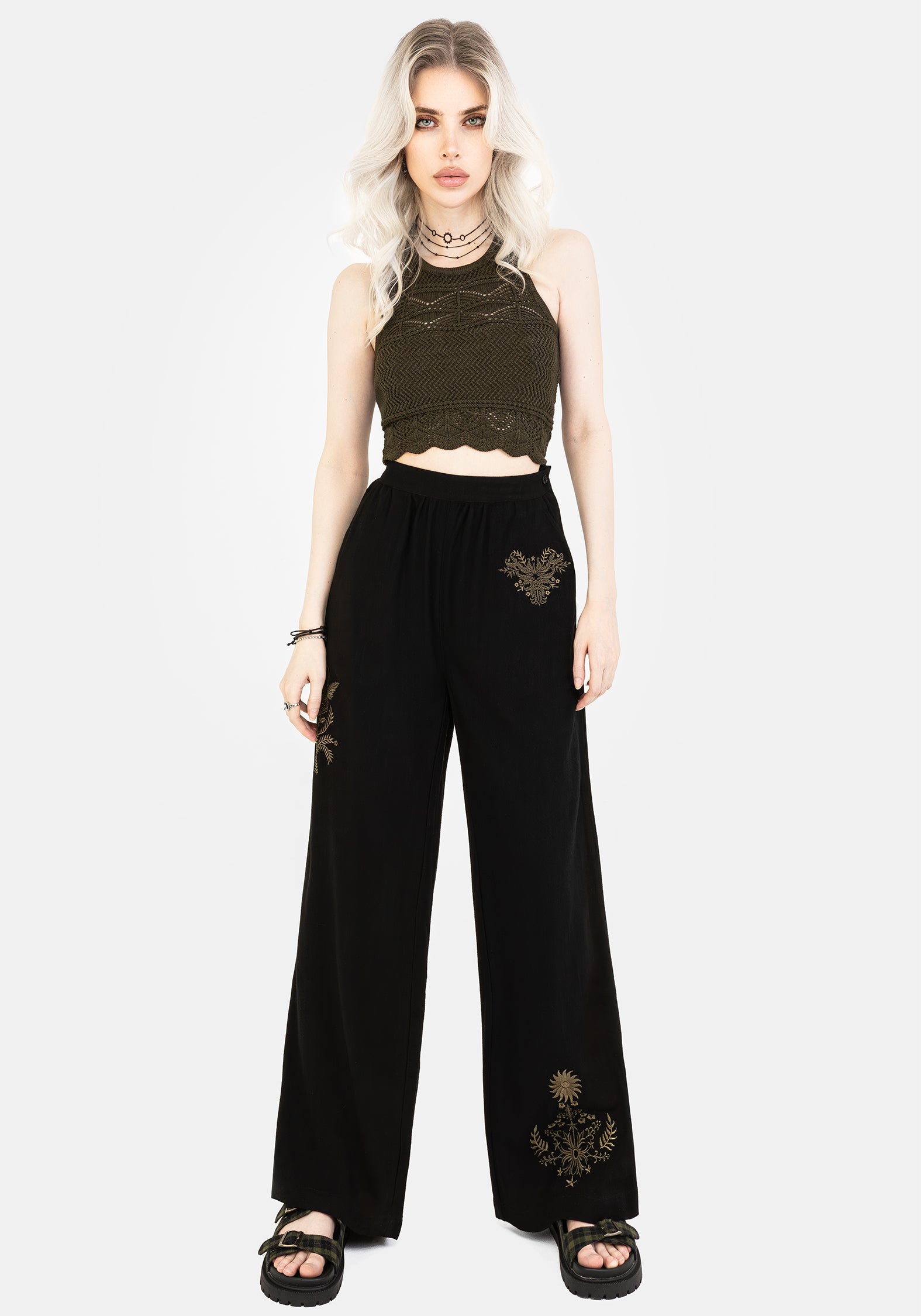 Black Wide Leg Embroidered Linen Trousers | Floral & Fern Design