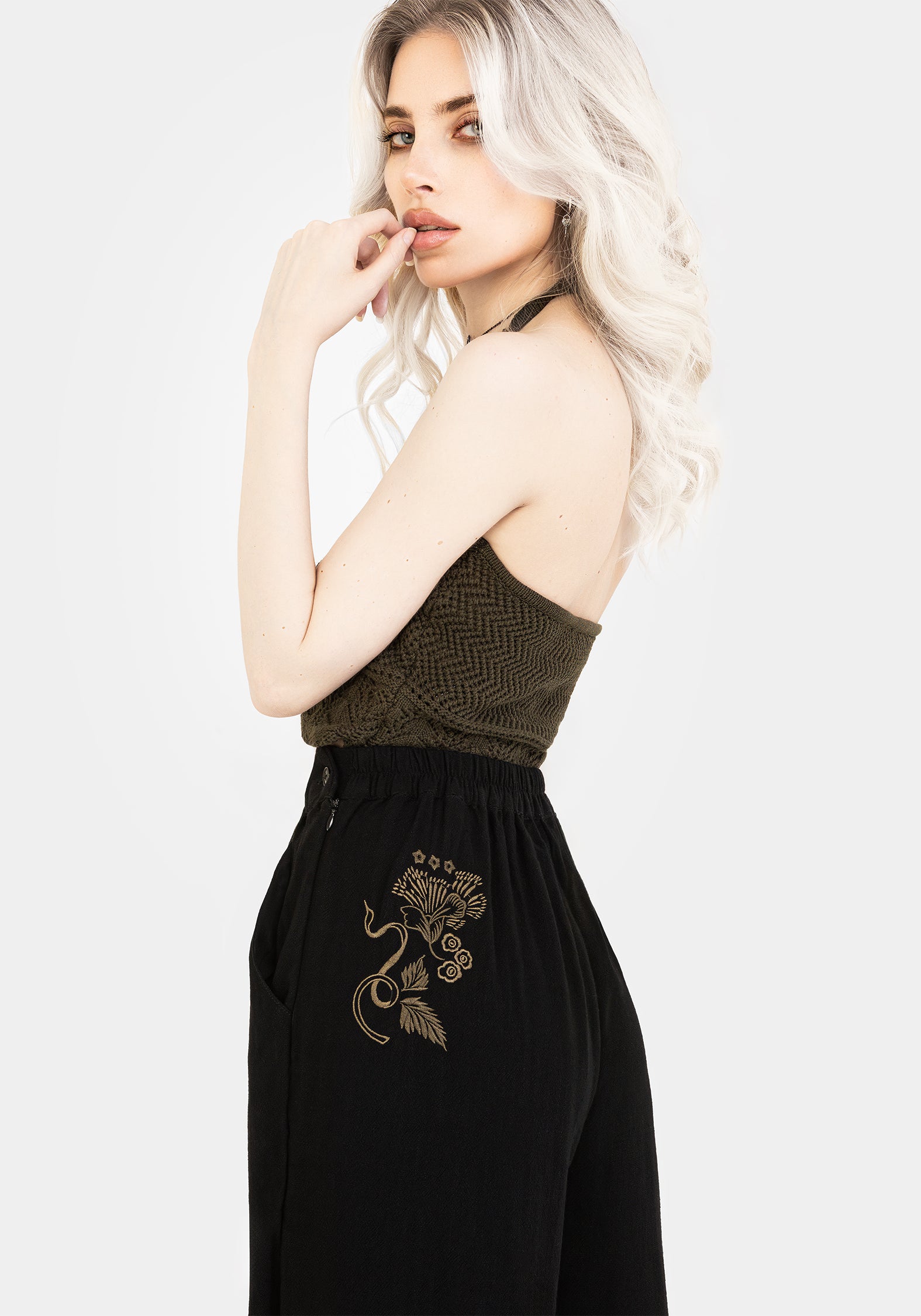 Black Wide Leg Embroidered Linen Trousers | Floral & Fern Design