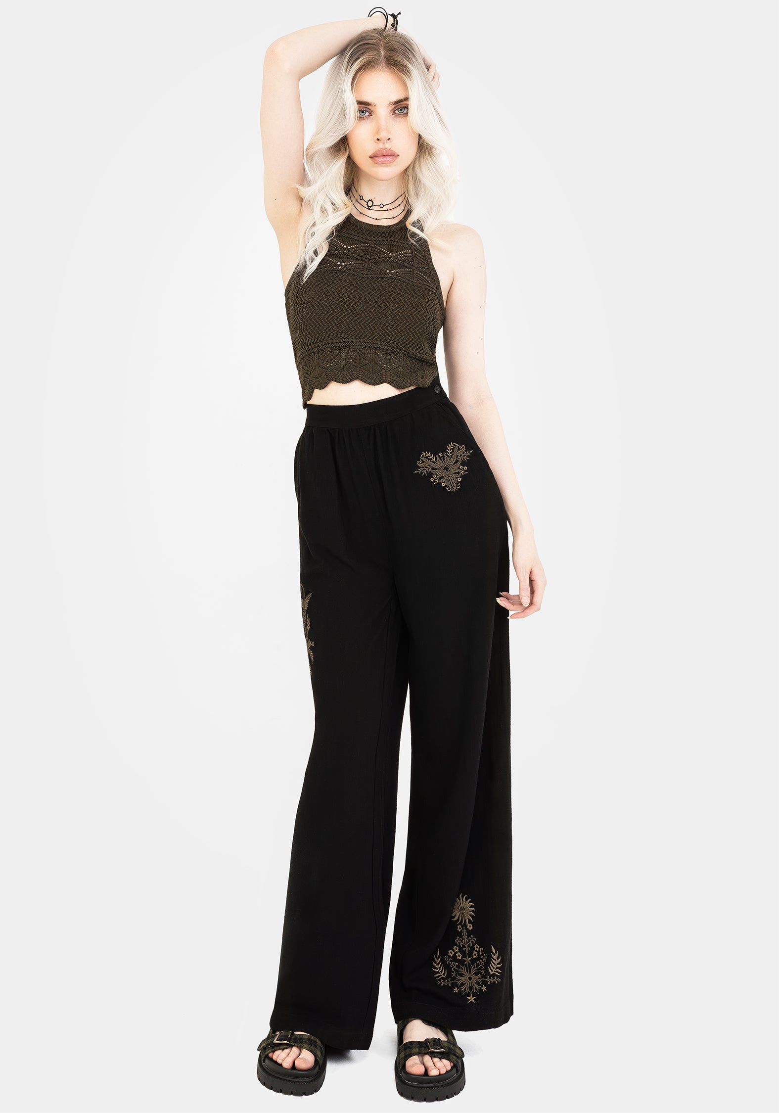 Black Wide Leg Embroidered Linen Trousers | Floral & Fern Design