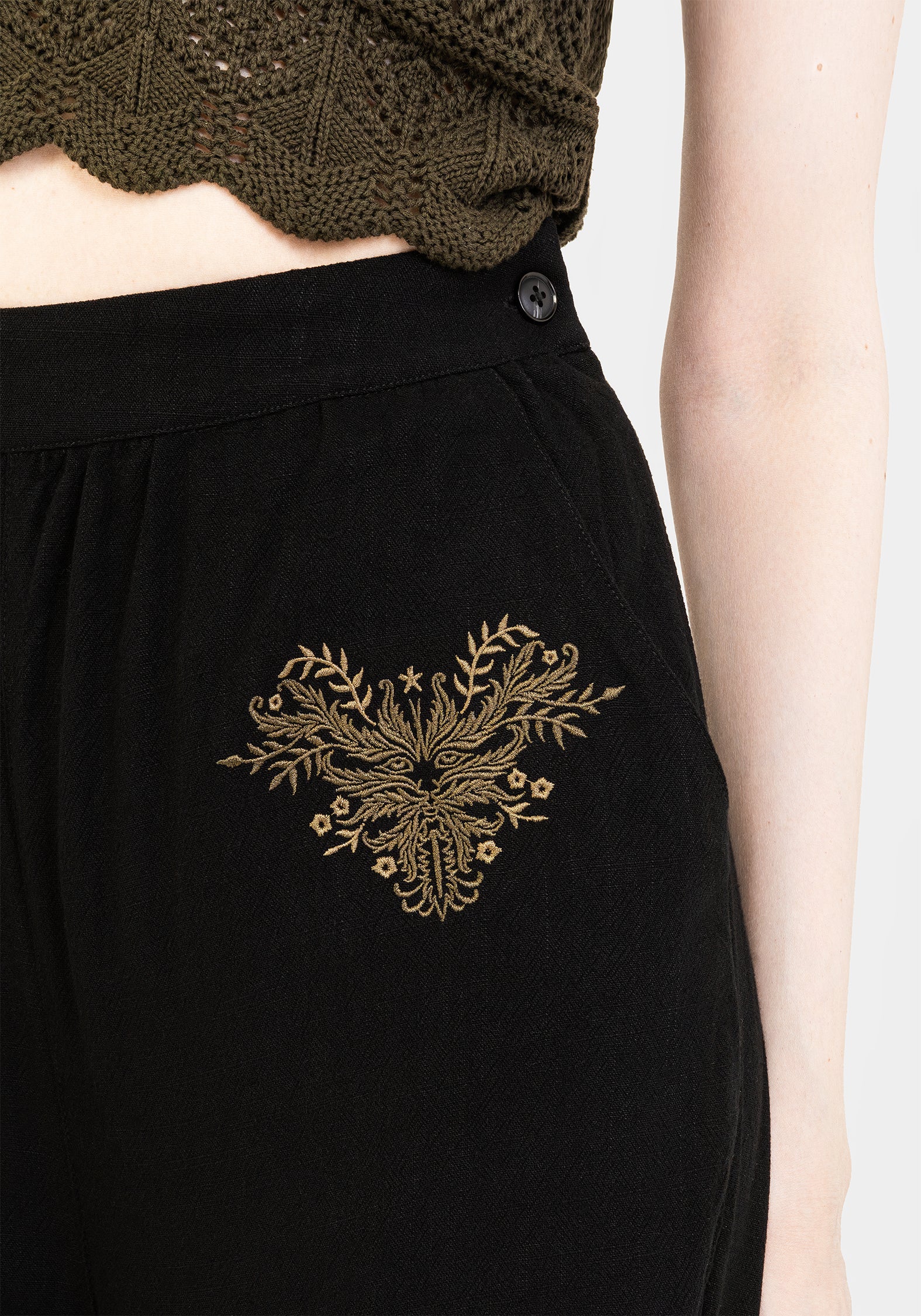 Black Wide Leg Embroidered Linen Trousers | Floral & Fern Design