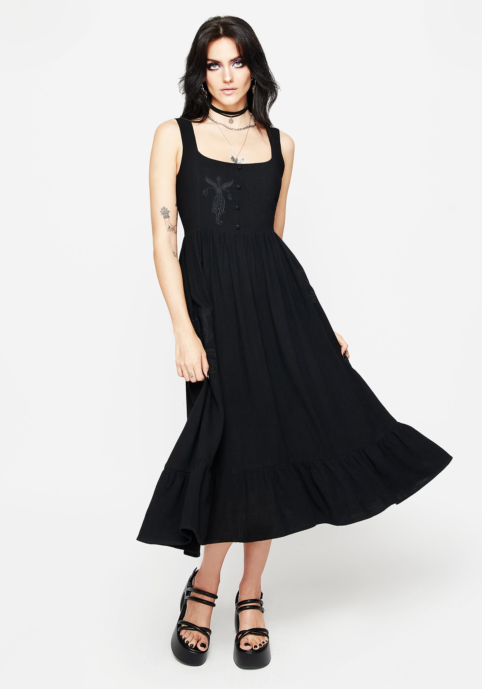 Floral Embroidered Linen Midi Dress for Outdoor Adventures | Mandrake