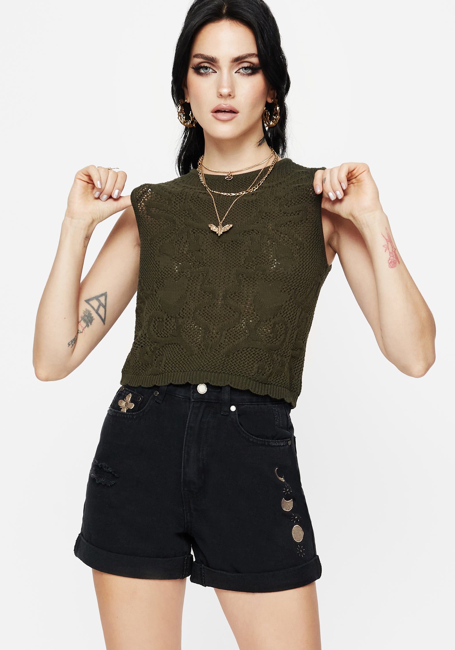 Distressed Denim Shorts with Moth & Moon Embroidery | Griffinfly