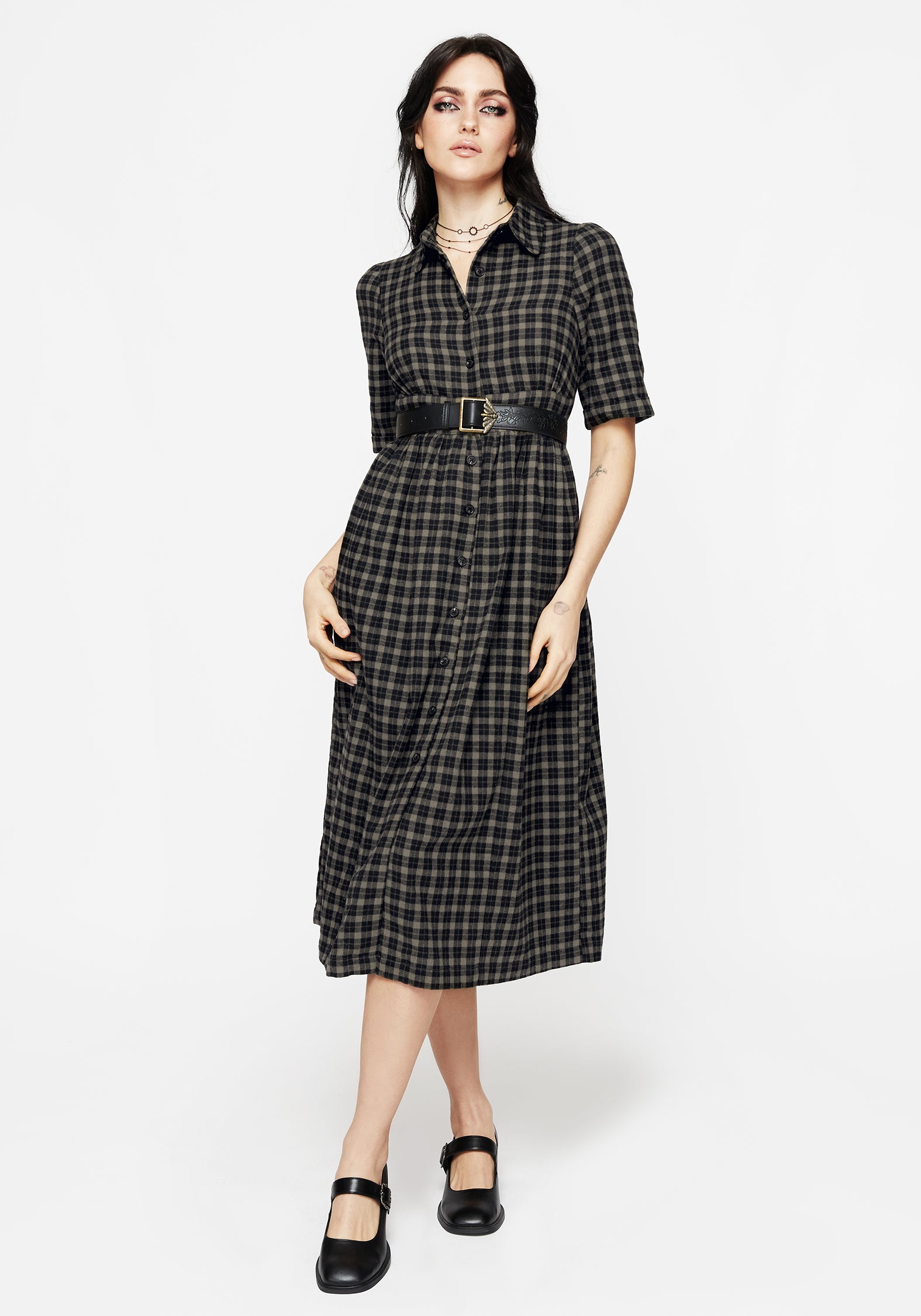 Olive Gingham Smock Shirt Dress with Pockets | Terra Midi