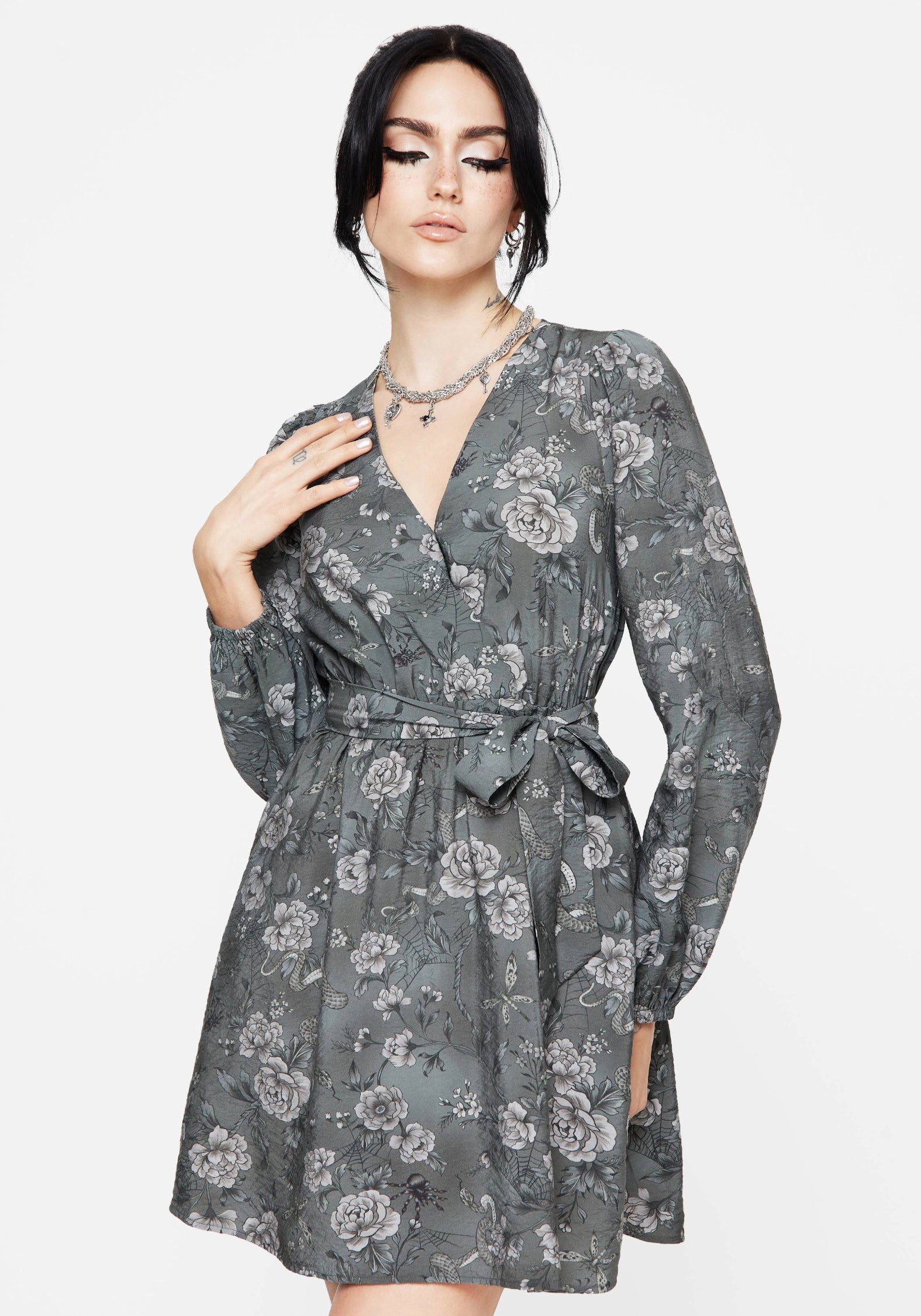 Floral & Snake Print Mini Wrap Dress with V-Neck & Long Sleeves | Meadow
