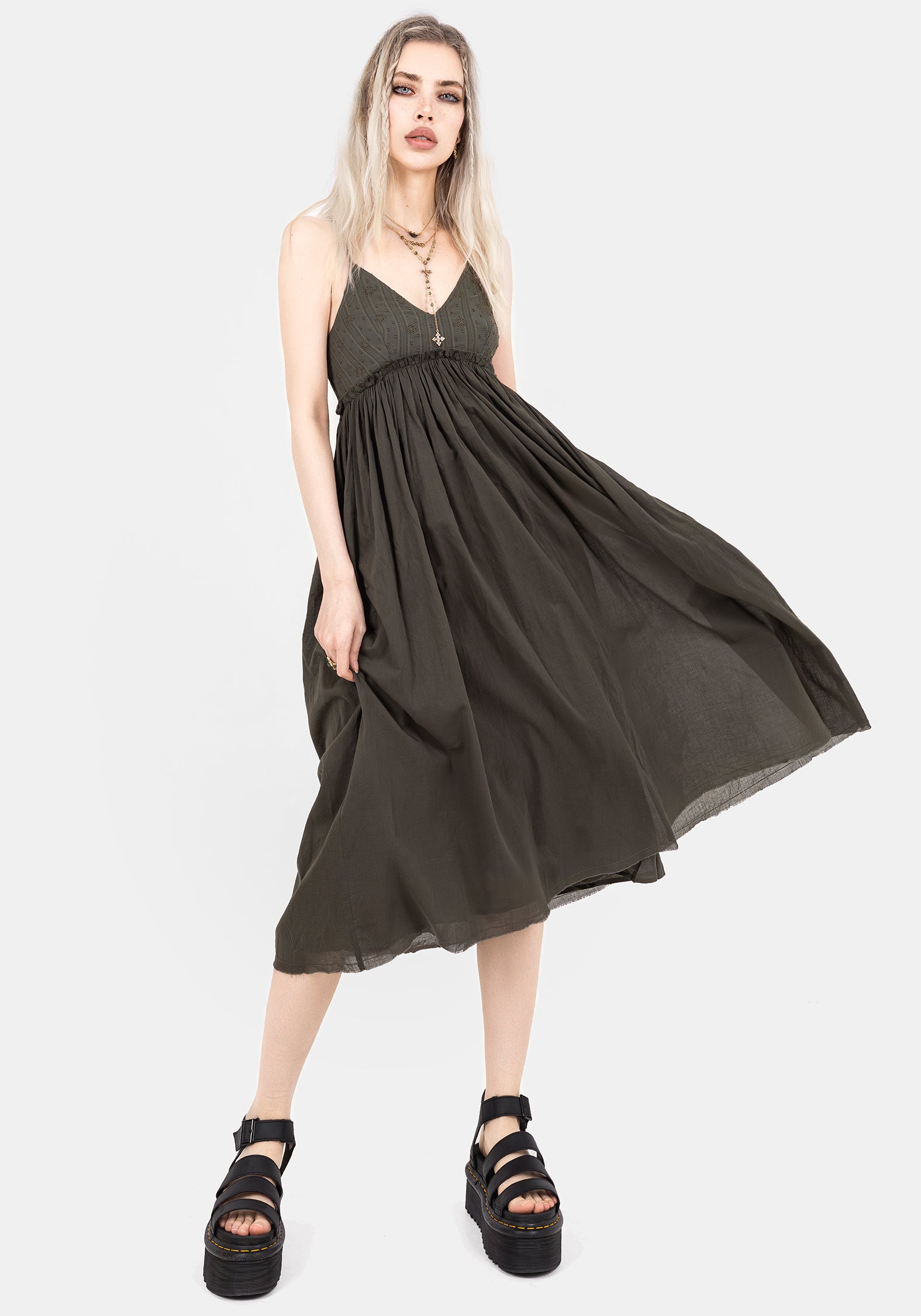 Green Cotton Plunge Neck Midi Dress | Strappy Back Detail