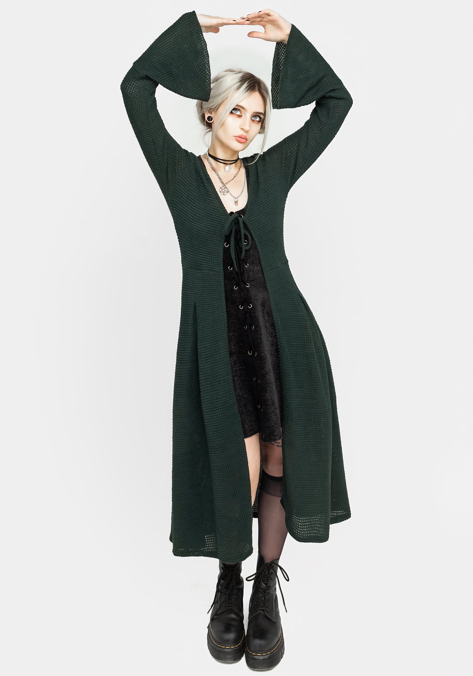 Textured Tie Front Long Cardigan for Maxi Dresses | Xana Green