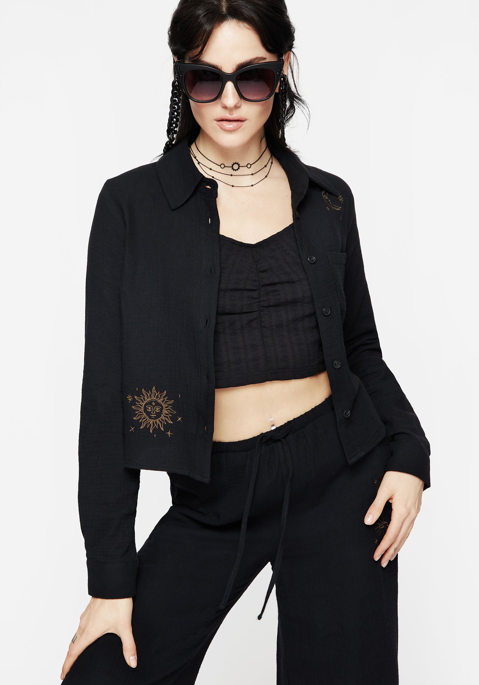 Celestial Embroidered Crop Shirt with Sun & Moon Design | Cosmos