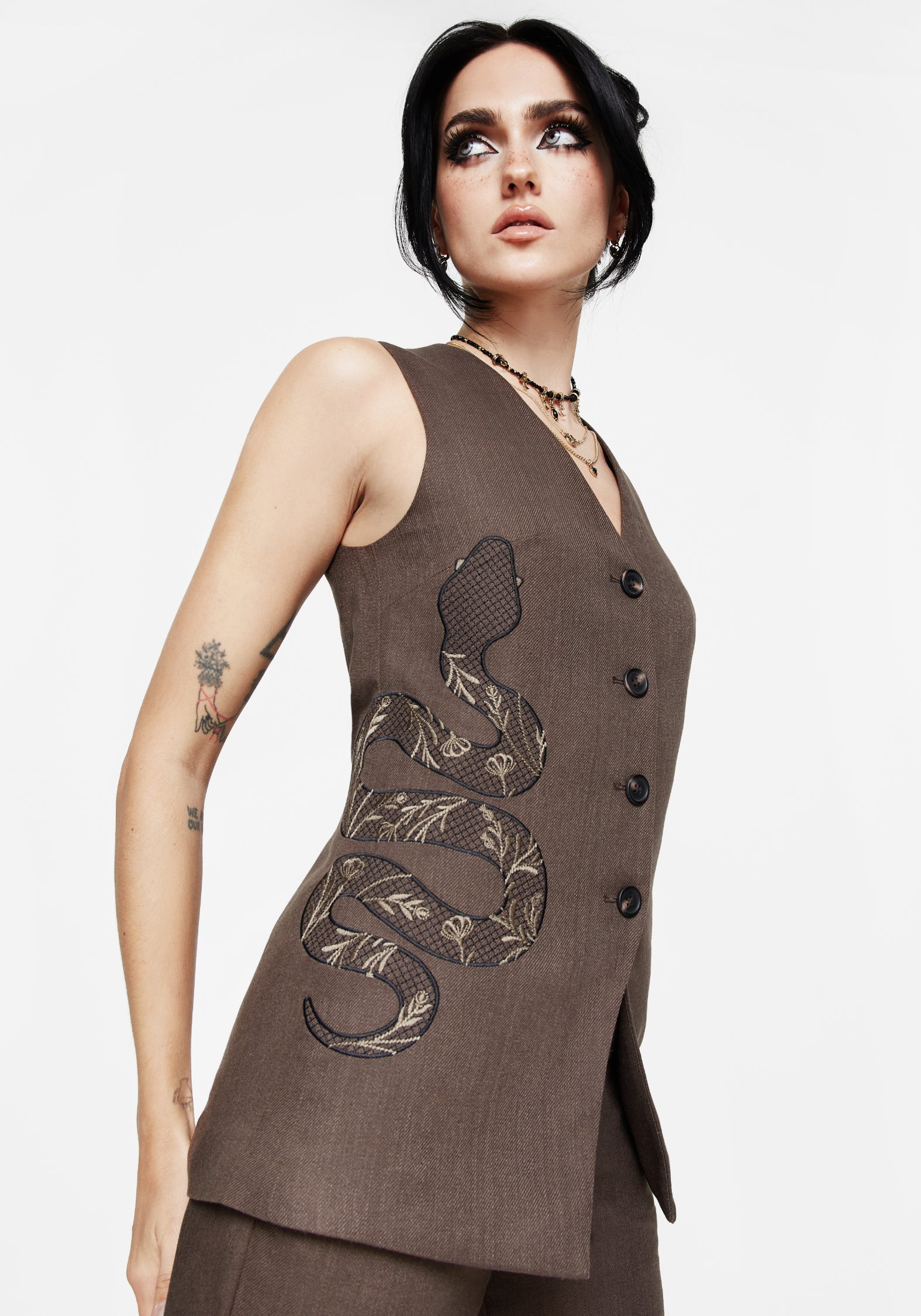 Linen Blend Snake Embroidered Waistcoat | Gaia