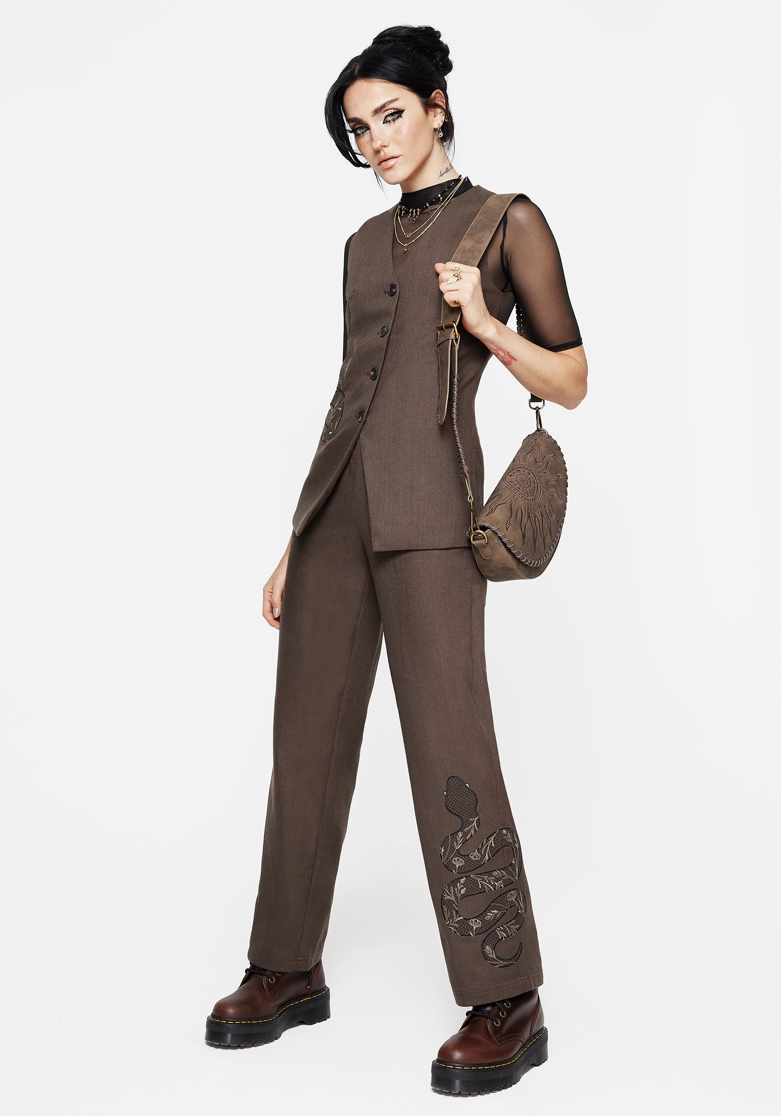 Linen Blend Wide Leg Trousers with Snake Embroidery | Gaia
