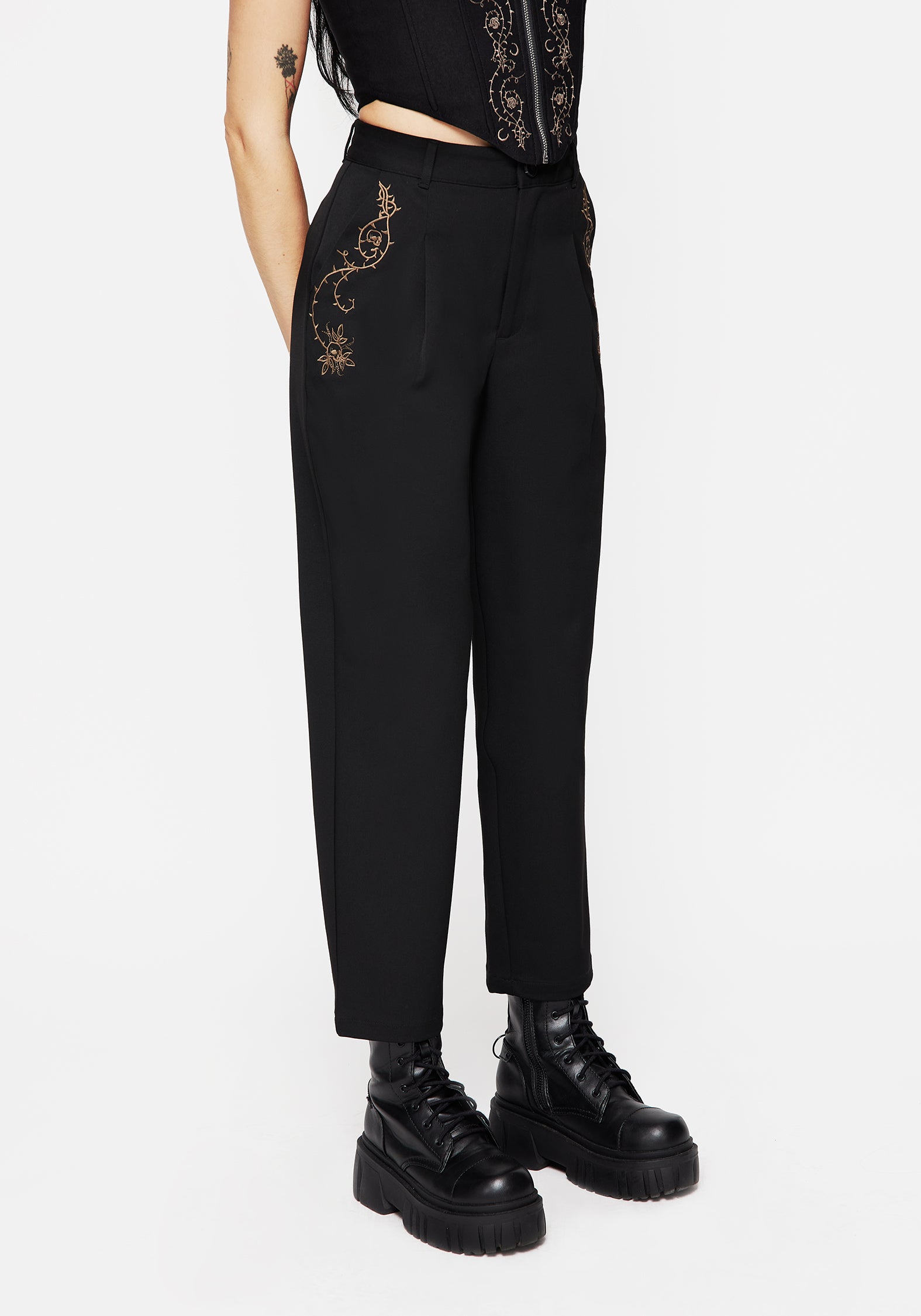 Black Thorn Embroidered Tapered Trousers | Vanitas High-Rise Pants