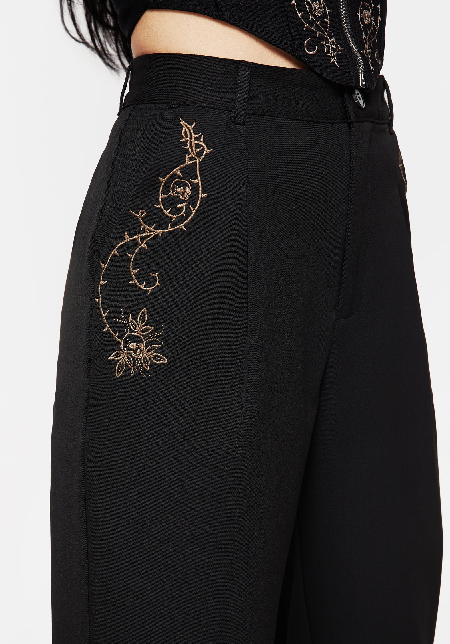 Black Thorn Embroidered Tapered Trousers | Vanitas High-Rise Pants
