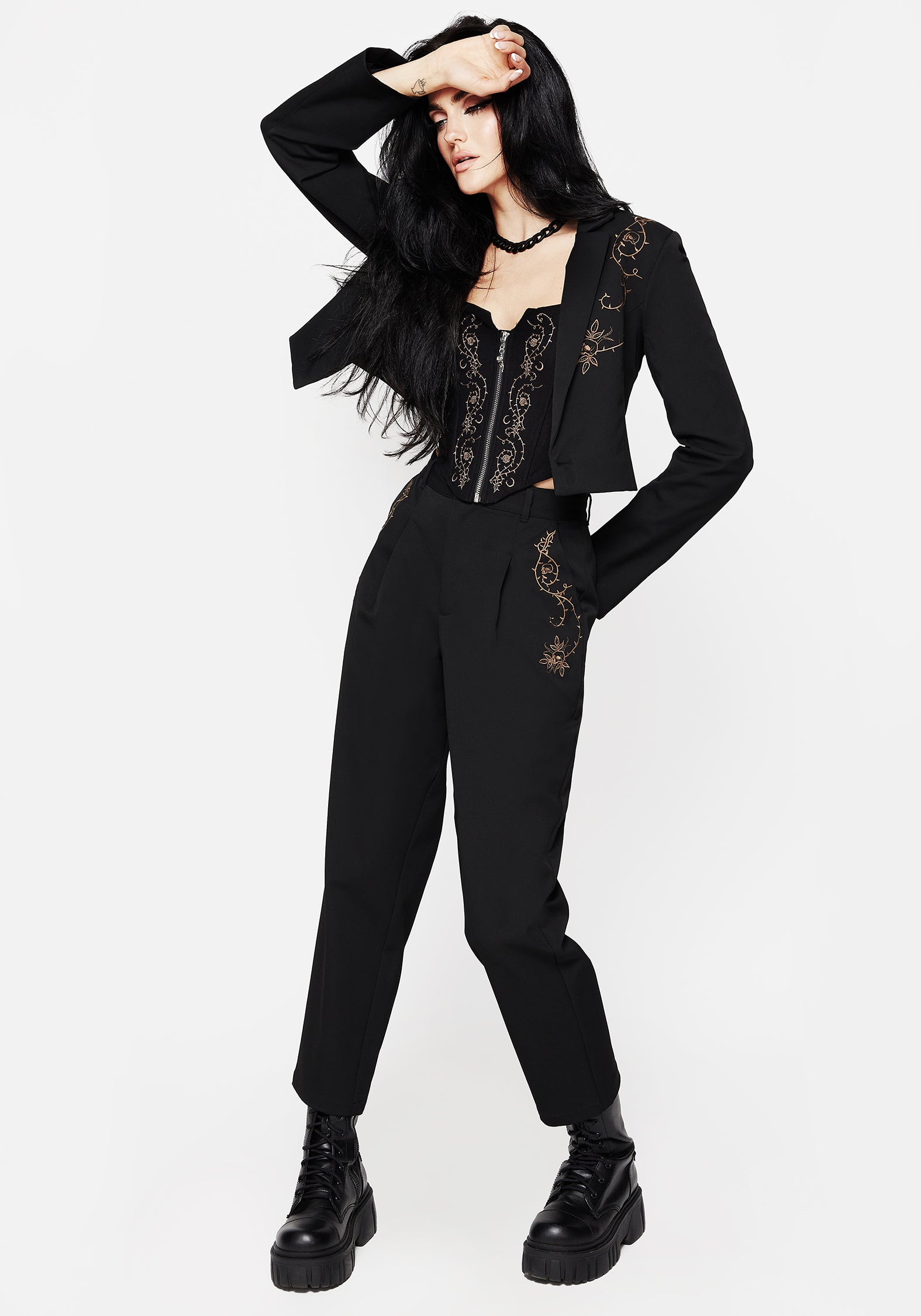 Black Thorn Embroidered Tapered Trousers | Vanitas High-Rise Pants