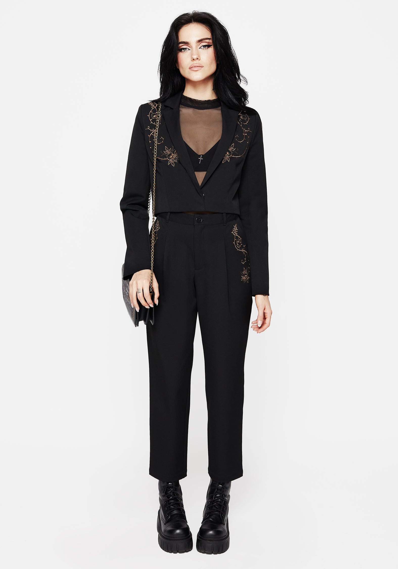 Black Thorn Embroidered Tapered Trousers | Vanitas High-Rise Pants