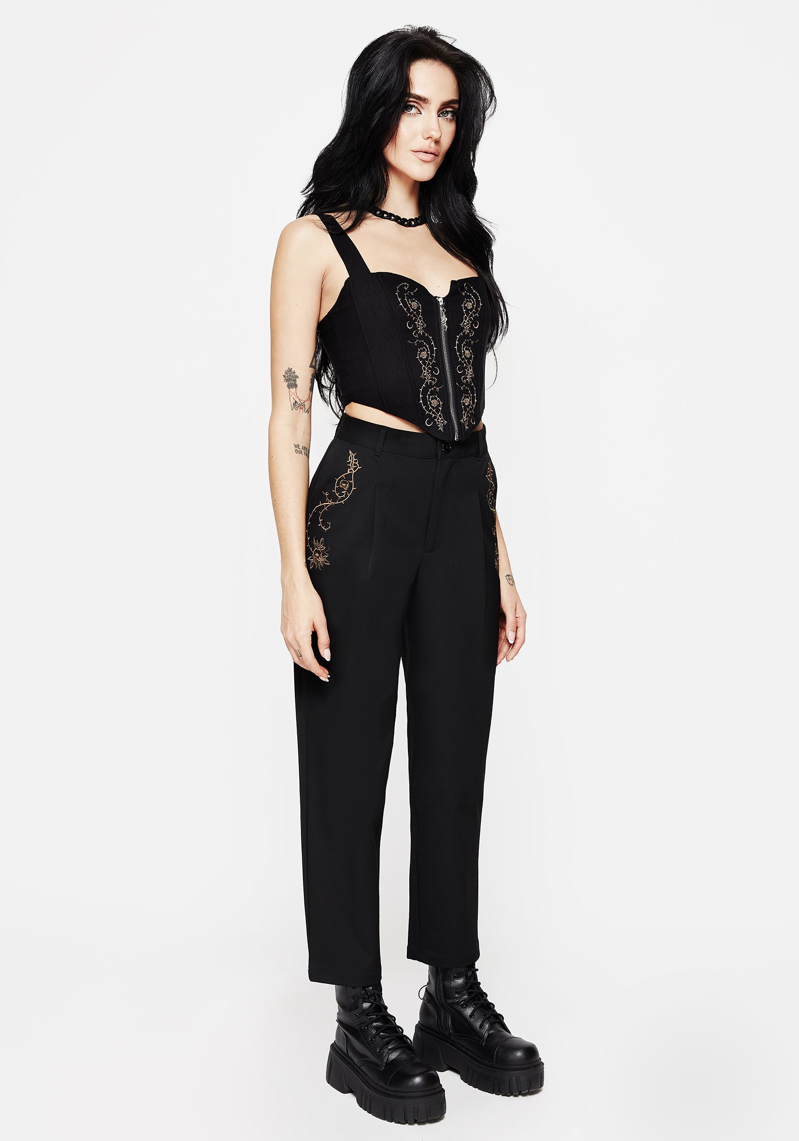 Black Thorn Embroidered Tapered Trousers | Vanitas High-Rise Pants