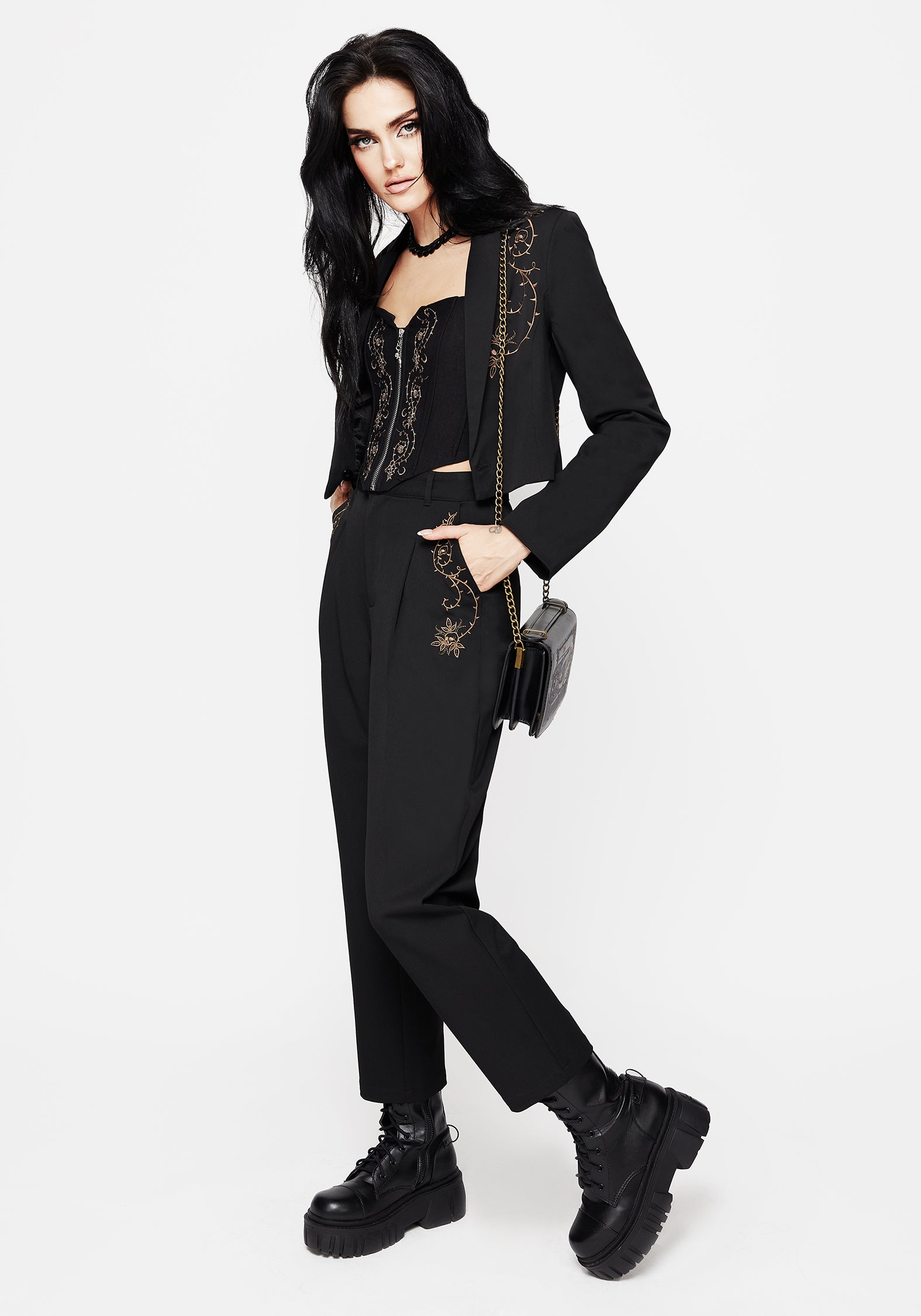 Black Thorn Embroidered Tapered Trousers | Vanitas High-Rise Pants