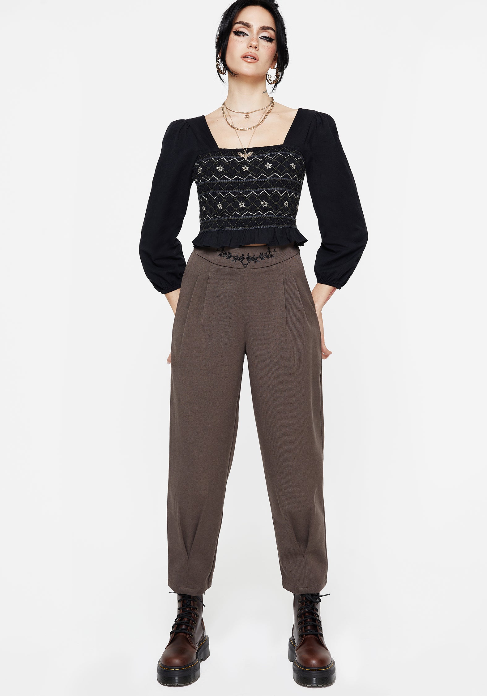 Brown Embroidered Balloon Leg Trousers with Elastic Waist | Woodruff