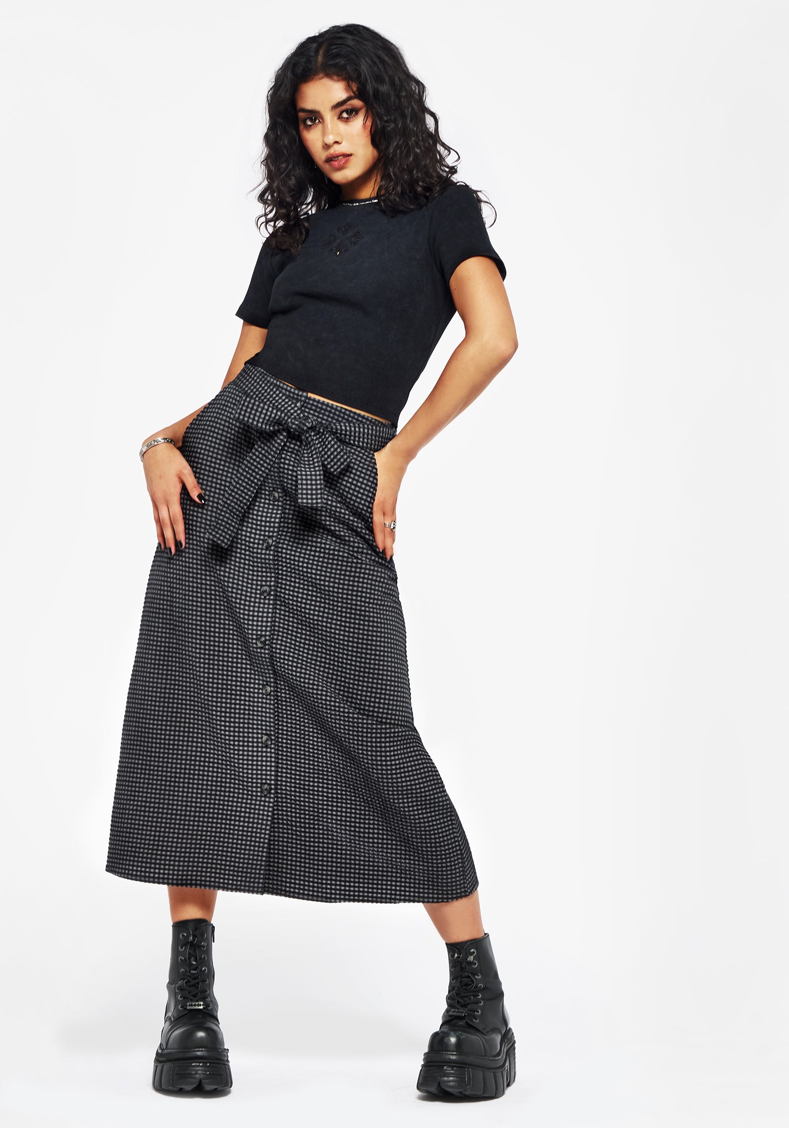 Black & Grey Check Cotton Midi Skirt with Pockets | Faythe