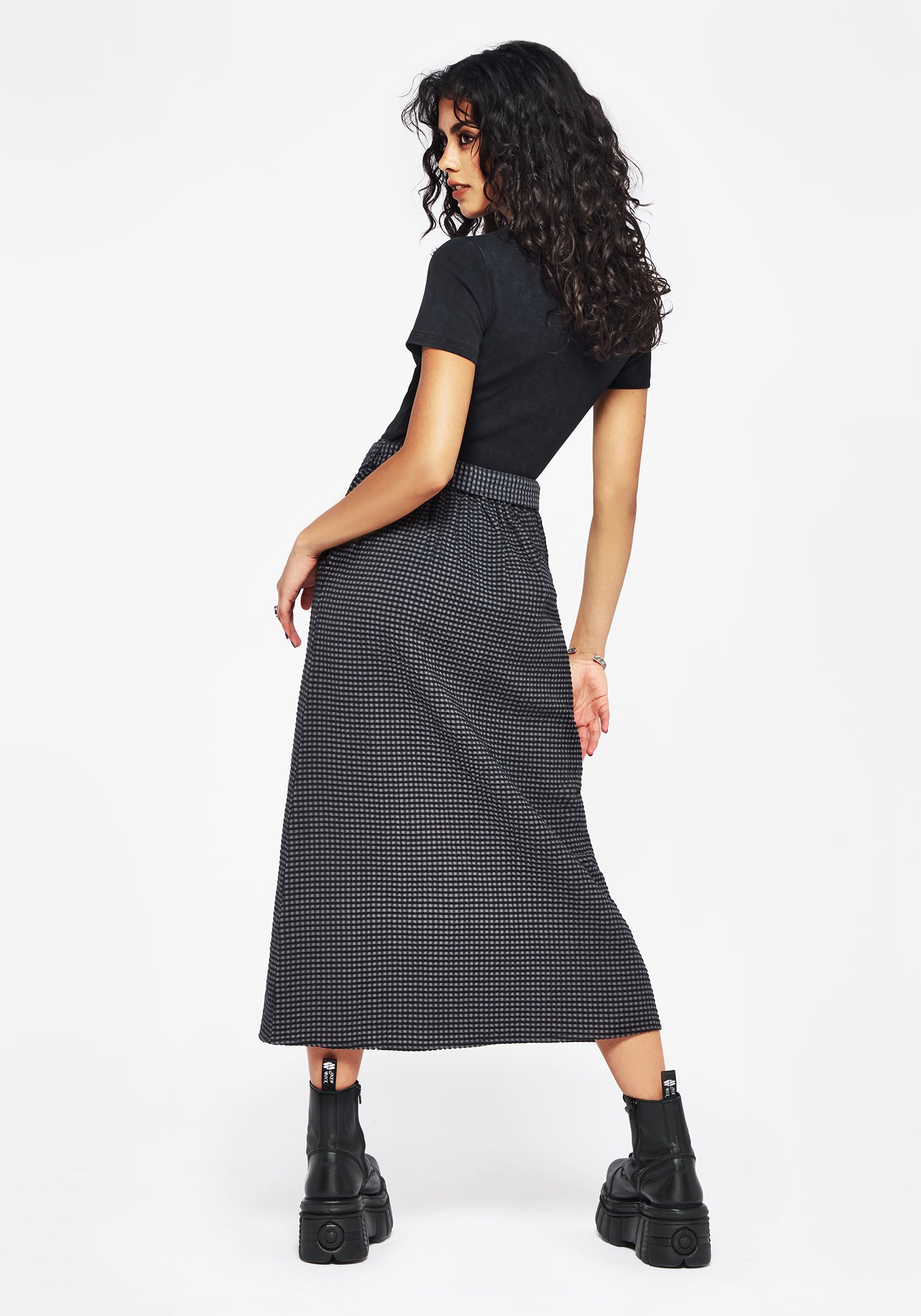Black & Grey Check Cotton Midi Skirt with Pockets | Faythe