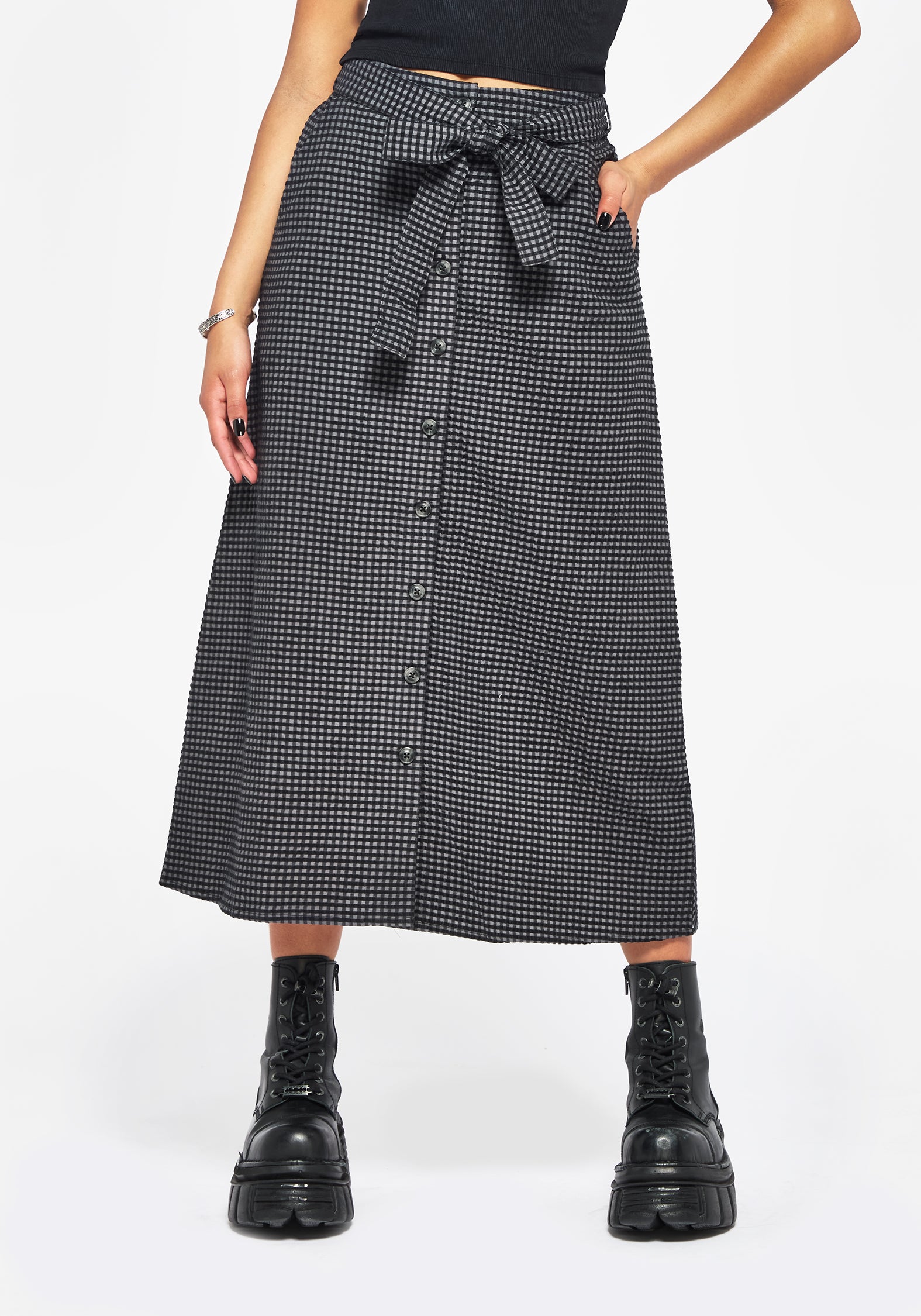 Black & Grey Check Cotton Midi Skirt with Pockets | Faythe