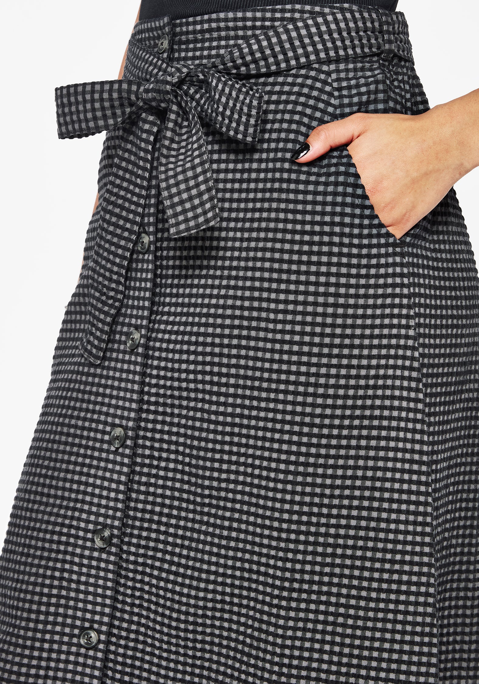 Black & Grey Check Cotton Midi Skirt with Pockets | Faythe