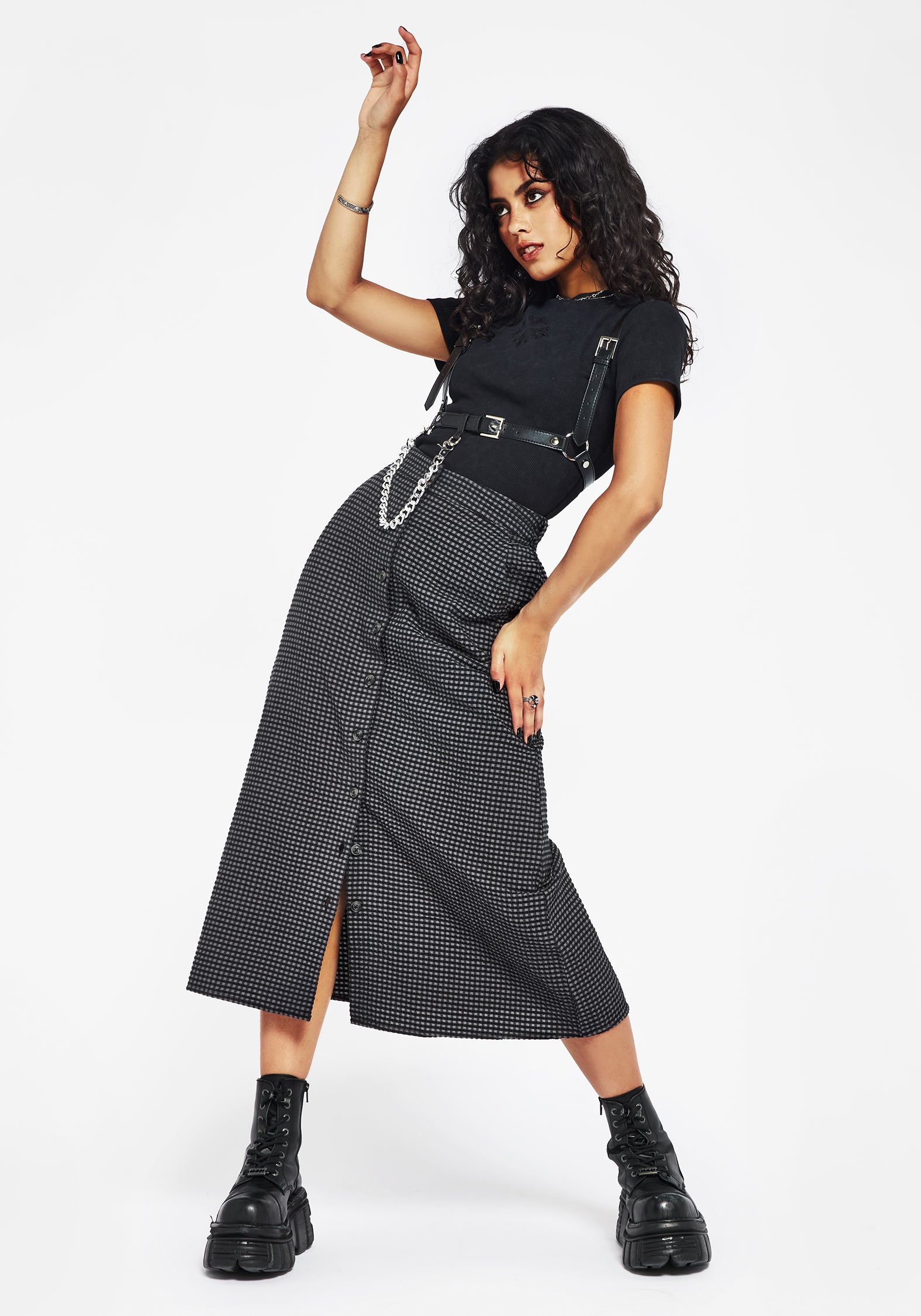 Black & Grey Check Cotton Midi Skirt with Pockets | Faythe