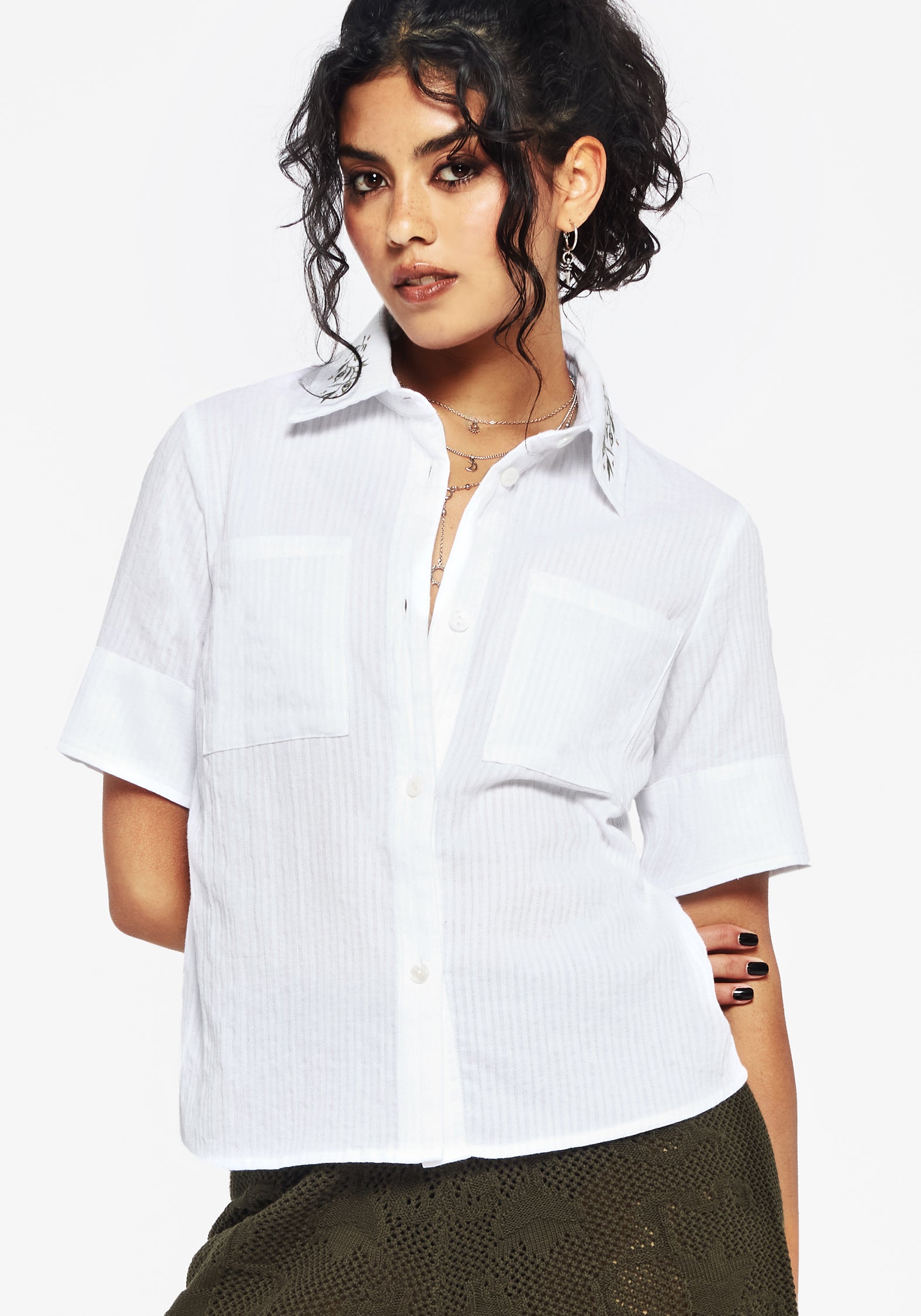 White Cotton Check Embroidered Button Up Shirt | Koax