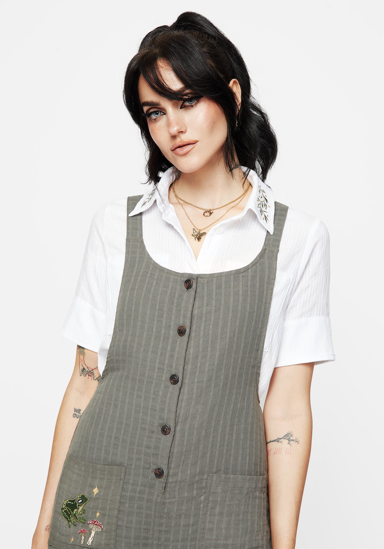 White Cotton Check Embroidered Button Up Shirt | Koax