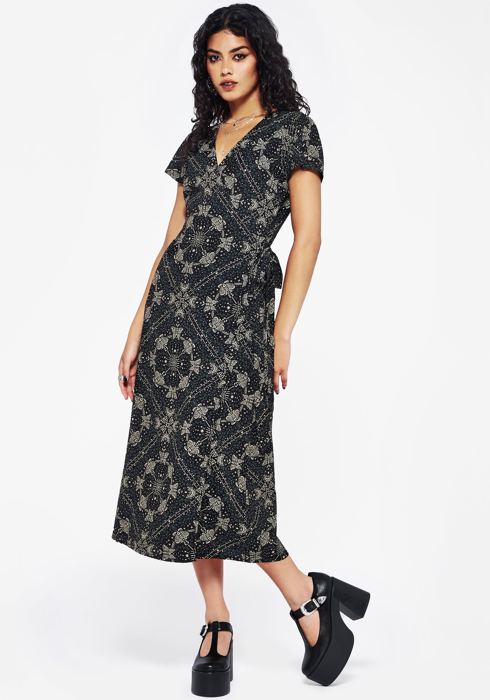 Black Moth Print Wrap Midi Dress with V-Neck & Flute Sleeves | Poem