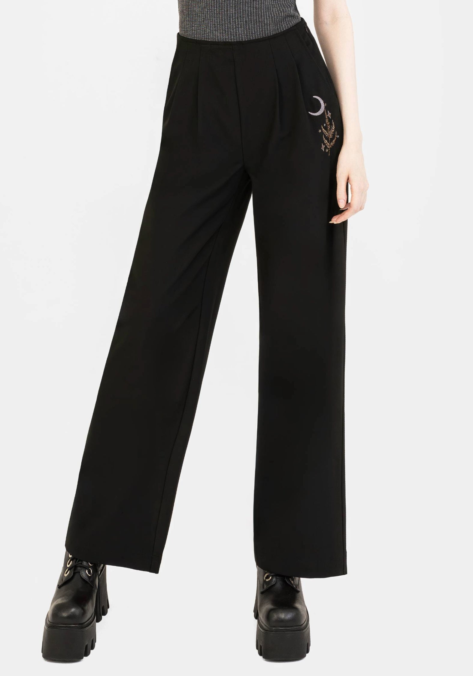 Embroidered Wide Leg Trousers with Elastic Waist | Lucia Firefly