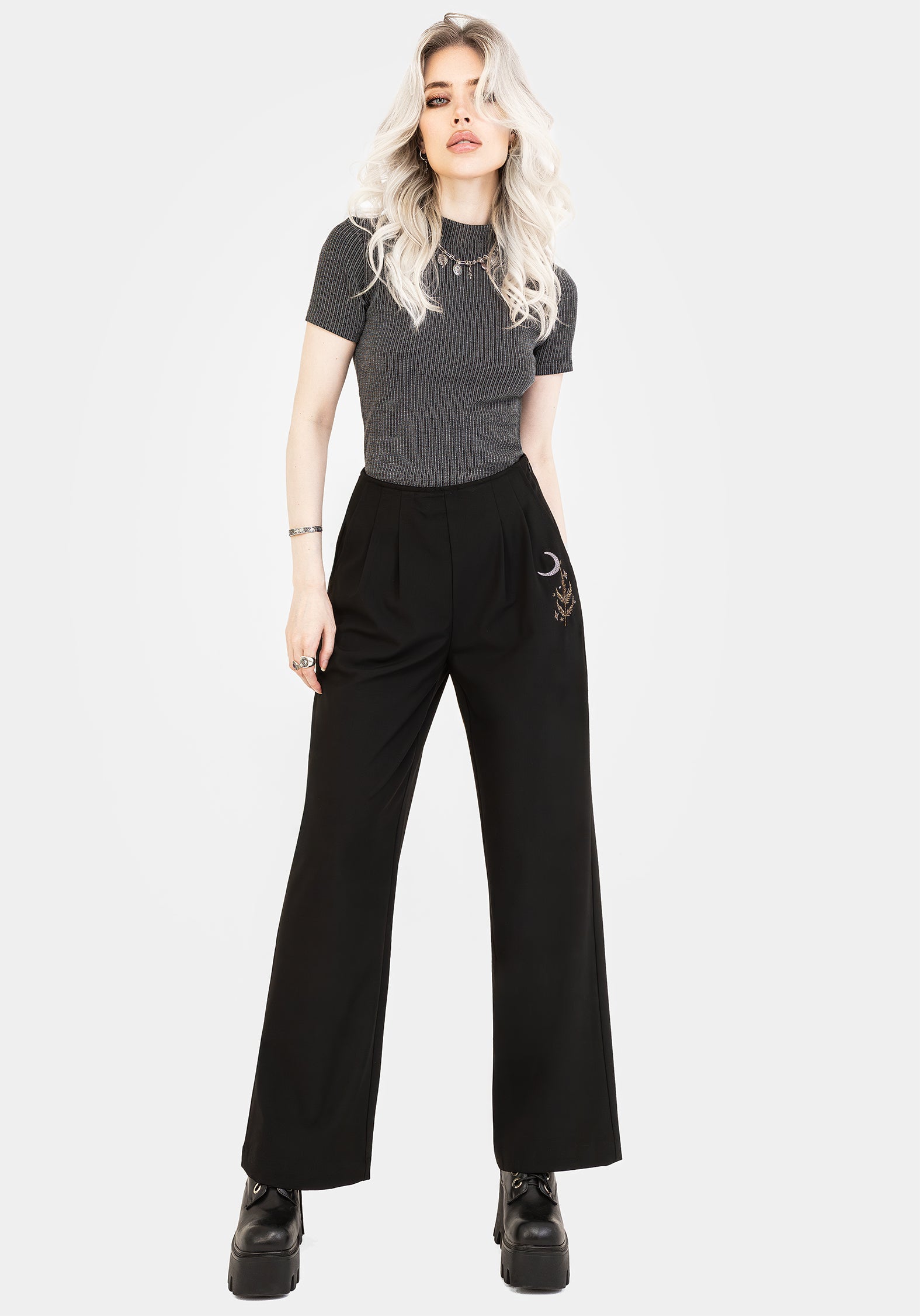 Embroidered Wide Leg Trousers with Elastic Waist | Lucia Firefly