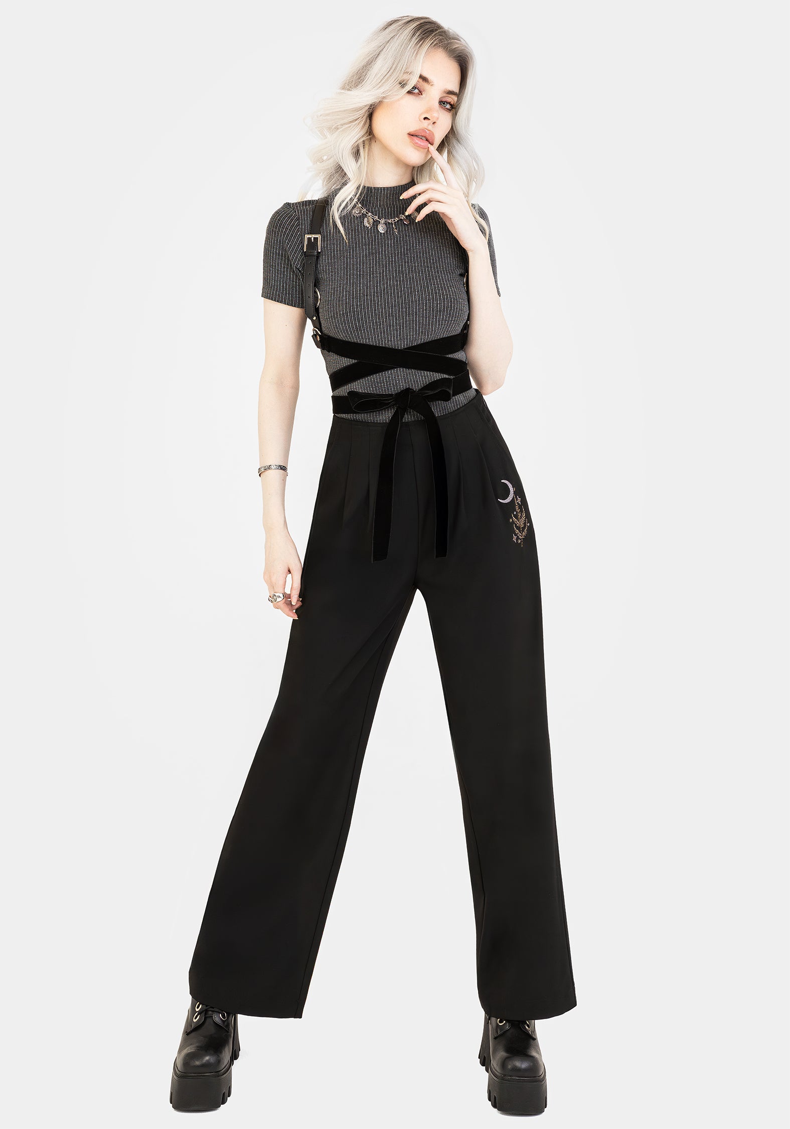 Embroidered Wide Leg Trousers with Elastic Waist | Lucia Firefly