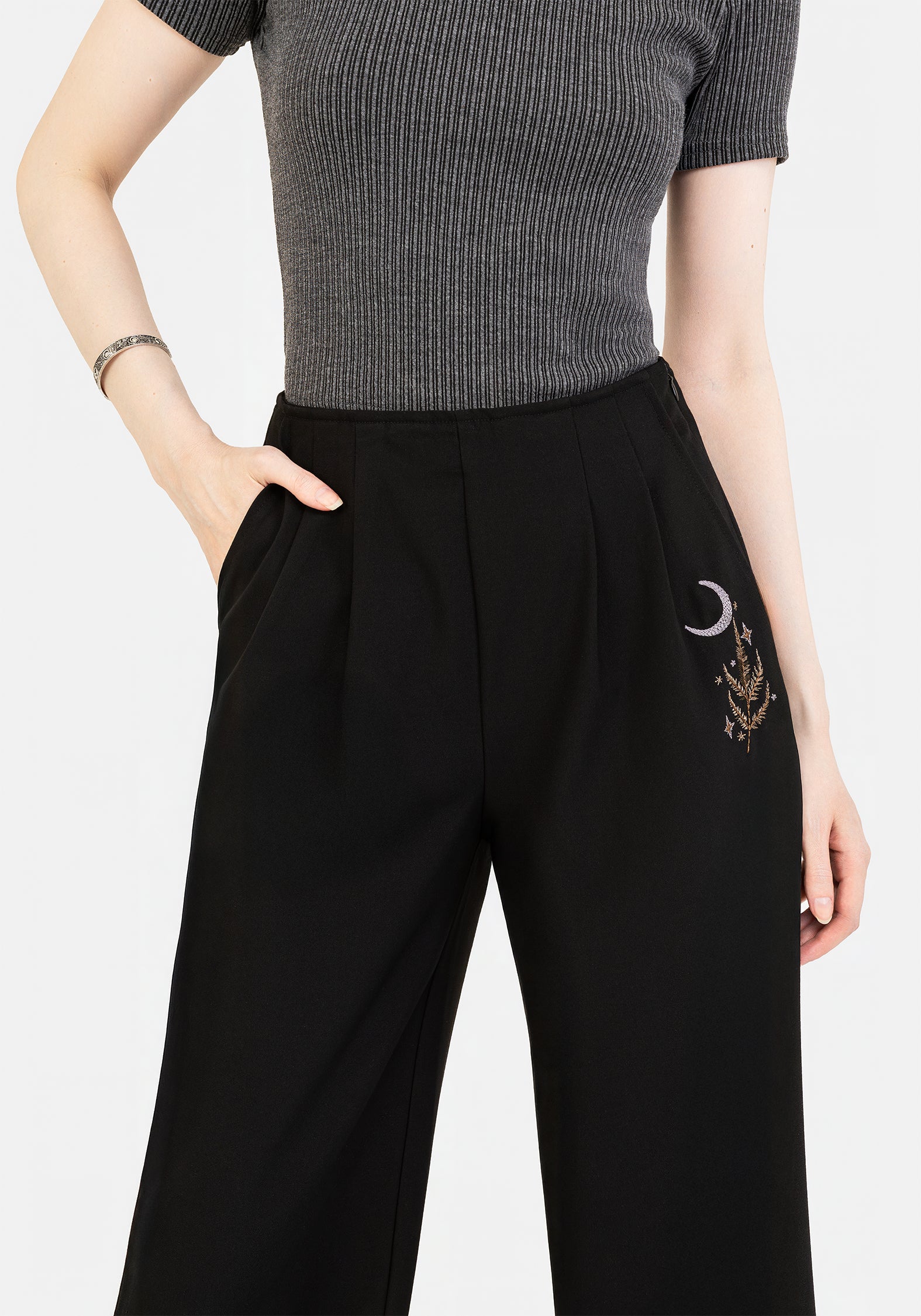 Embroidered Wide Leg Trousers with Elastic Waist | Lucia Firefly
