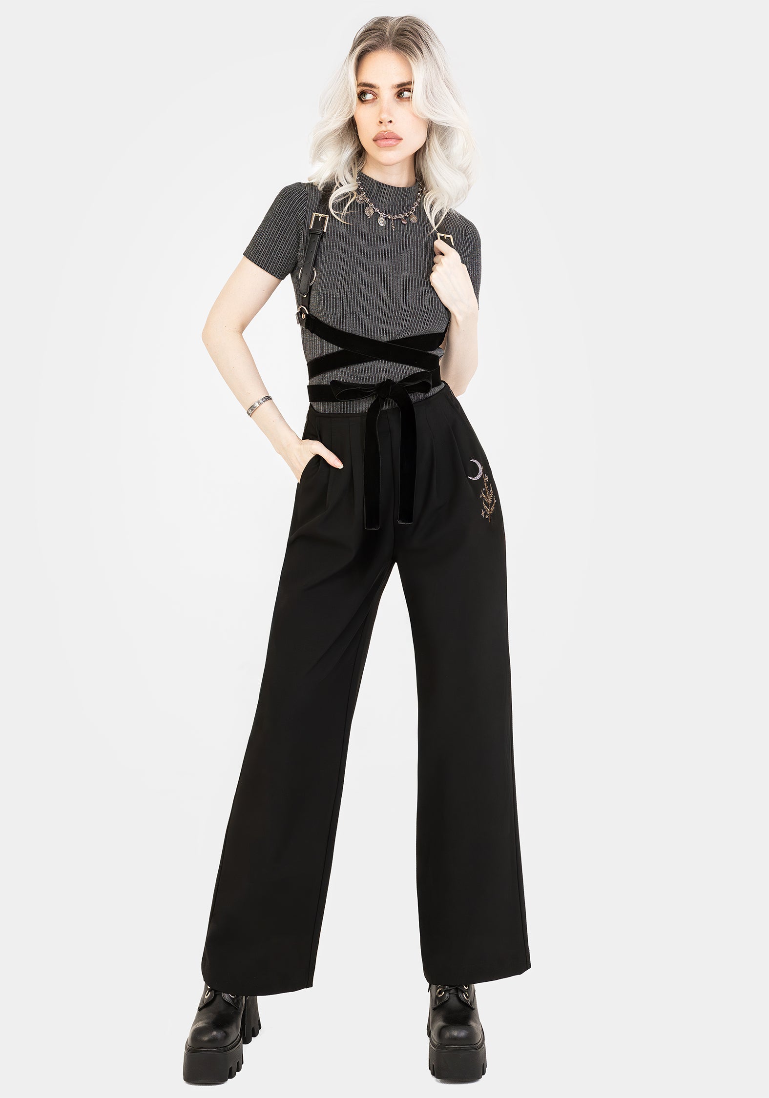 Embroidered Wide Leg Trousers with Elastic Waist | Lucia Firefly