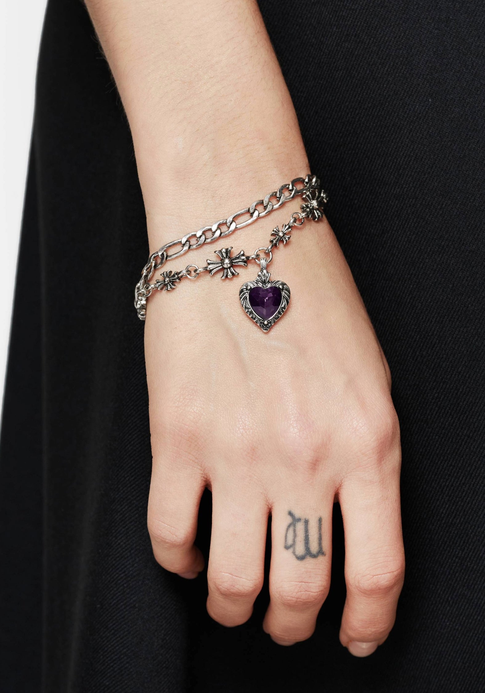 Silver Heart Charm Layered Bracelet Set with Cross Chain Design | Denali