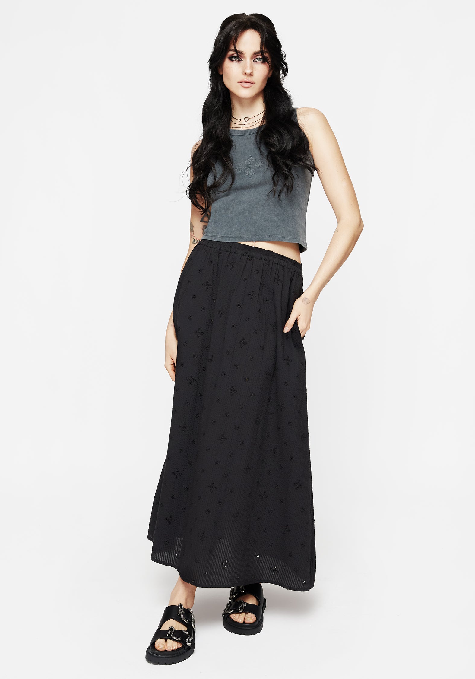 Black Cotton Midaxi Skirt with Broderie Detail & Elastic Waistband | Crux