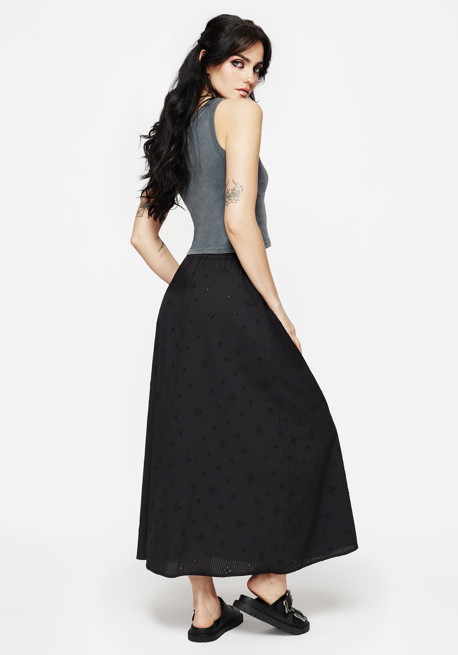 Black Cotton Midaxi Skirt with Broderie Detail & Elastic Waistband | Crux