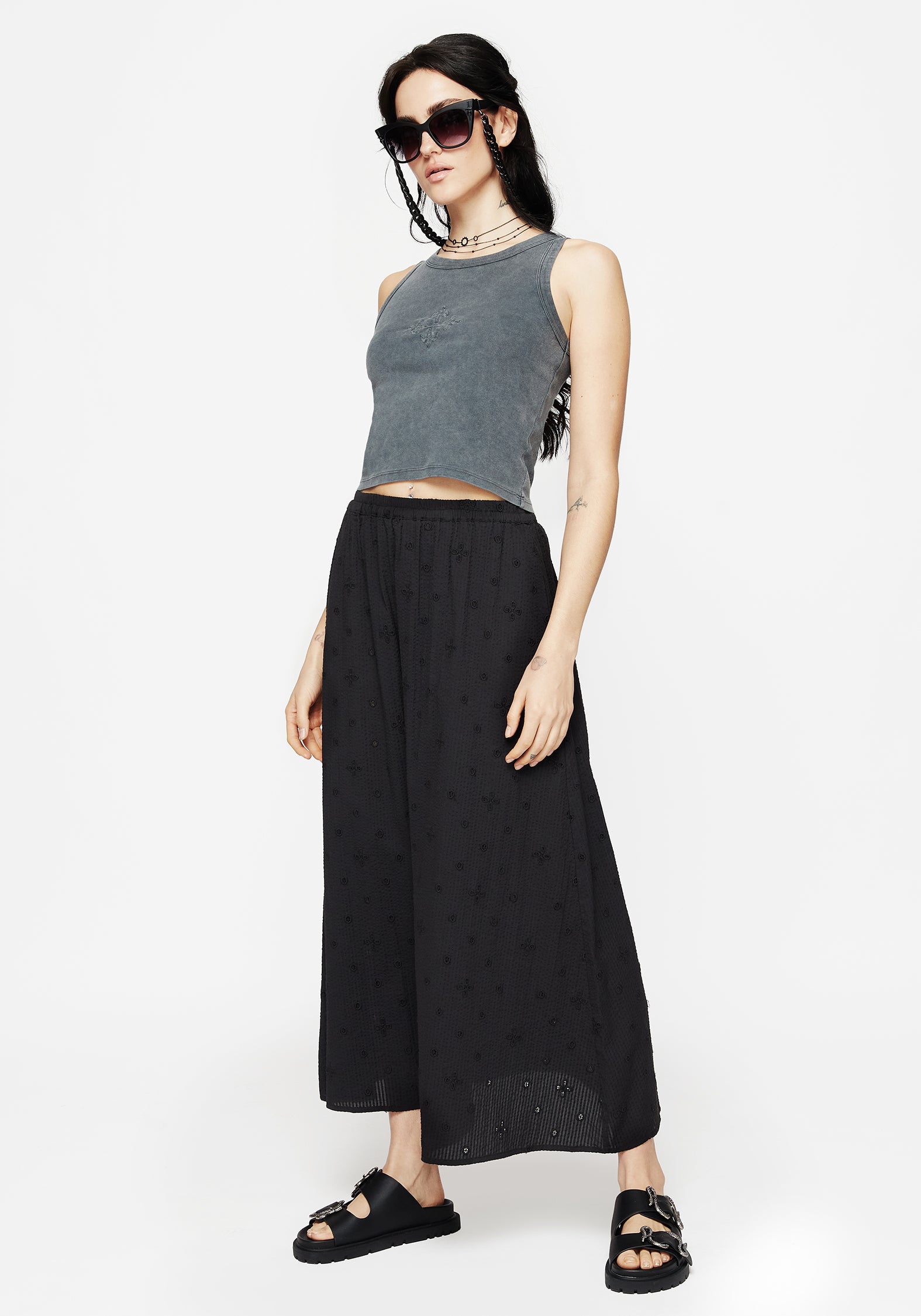 Black Cotton Midaxi Skirt with Broderie Detail & Elastic Waistband | Crux