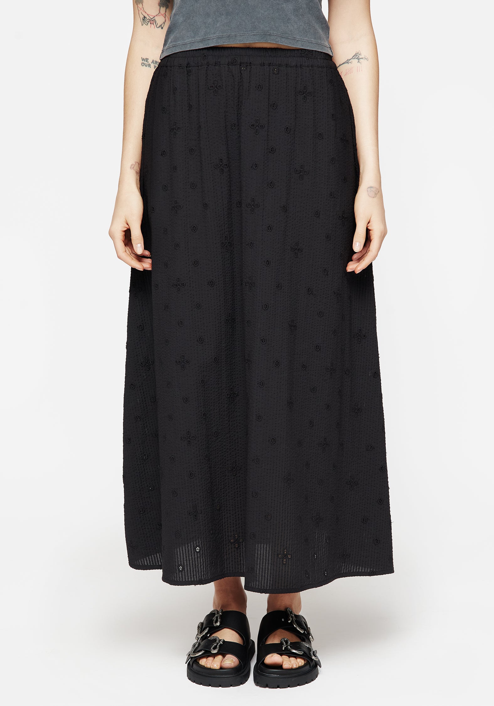 Black Cotton Midaxi Skirt with Broderie Detail & Elastic Waistband | Crux