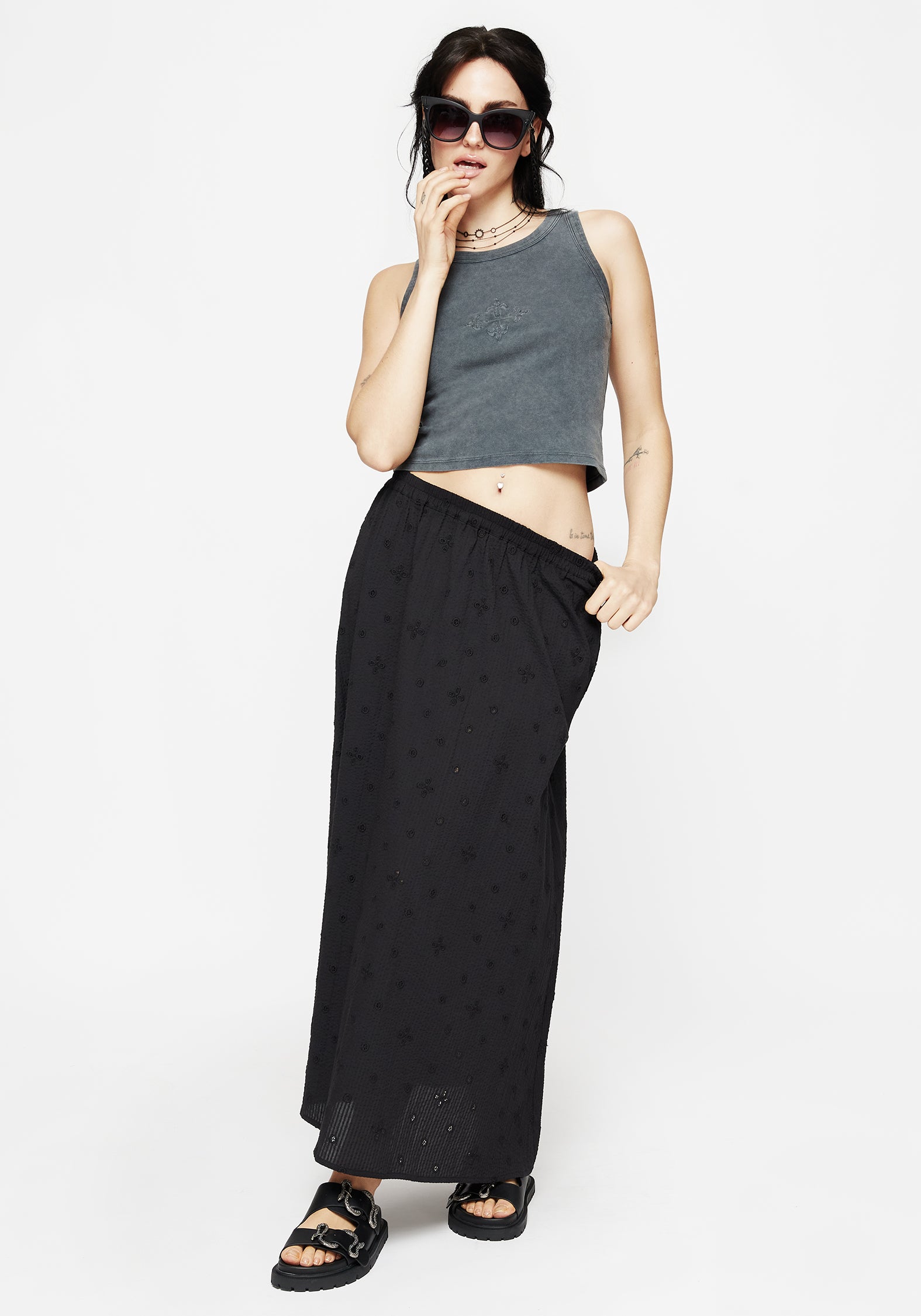Black Cotton Midaxi Skirt with Broderie Detail & Elastic Waistband | Crux