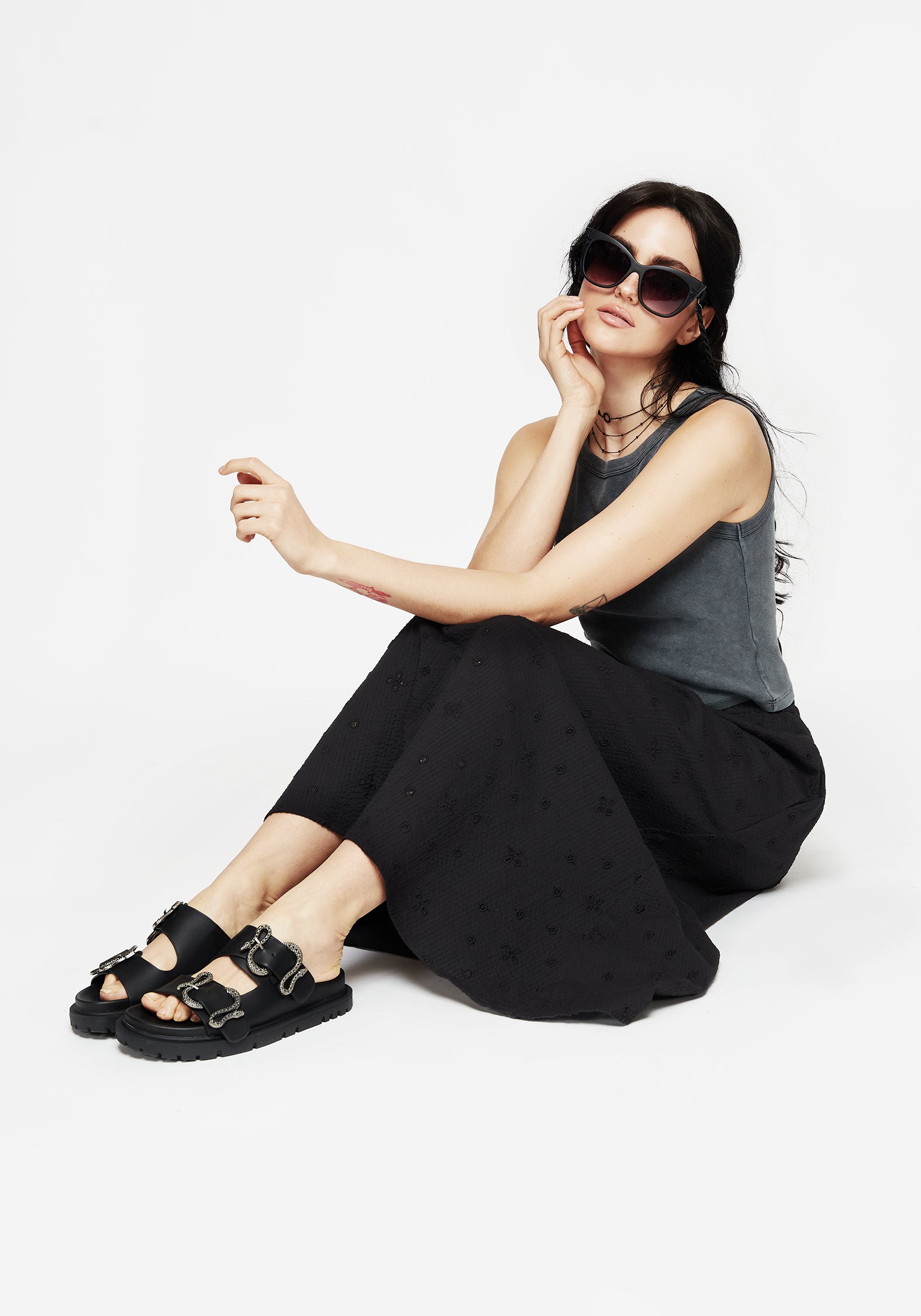 Black Cotton Midaxi Skirt with Broderie Detail & Elastic Waistband | Crux
