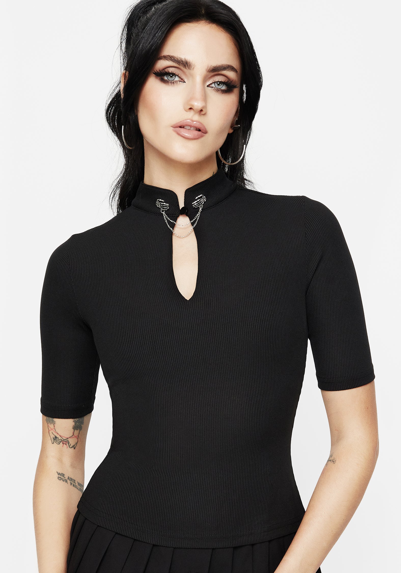 Gothic Skeleton Collar Top with Keyhole Front | Slim Fit Black Jersey