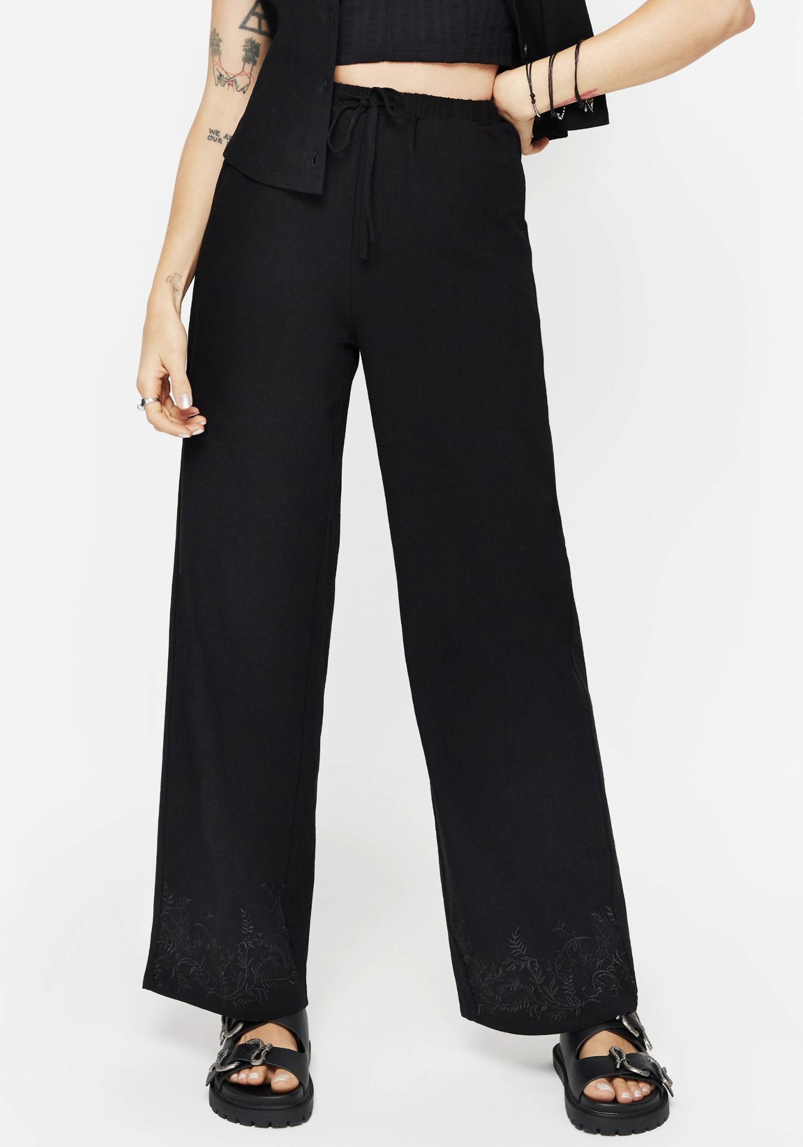 Embroidered Cotton Wide Leg Trousers with Pockets | Thorell