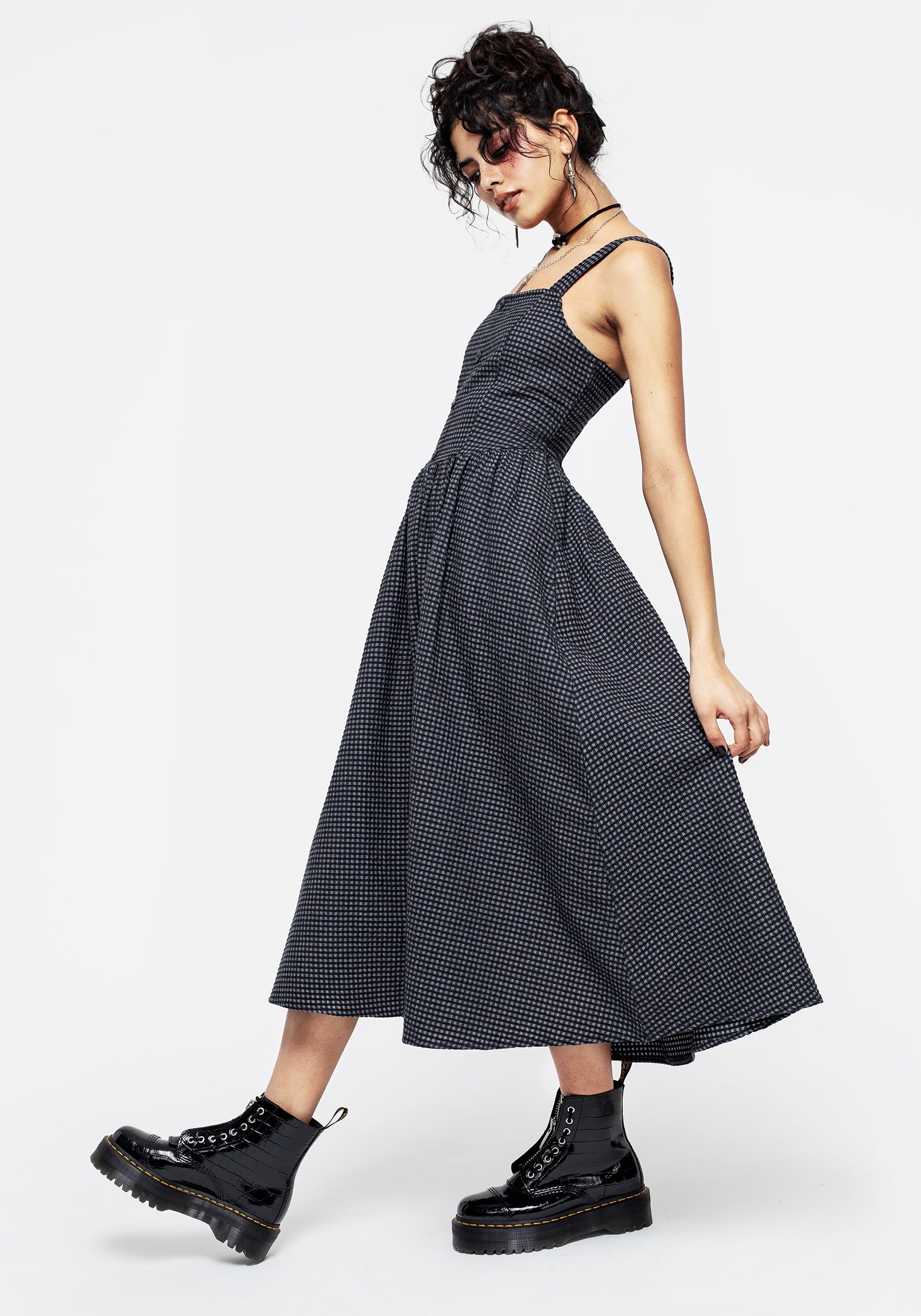Gingham Apron Midi Dress with Pockets & Concealed Zipper | Faythe