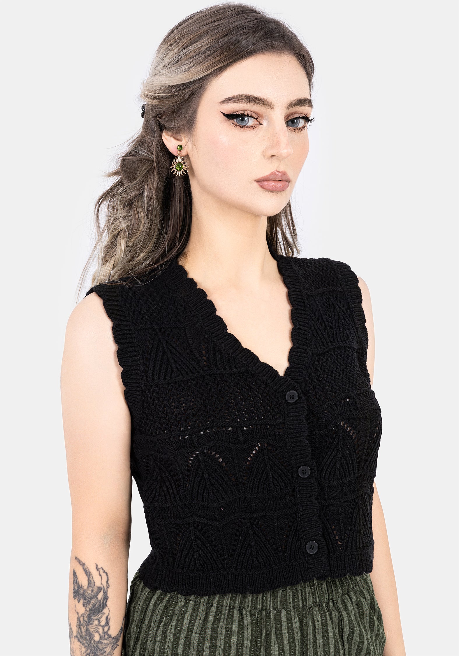 Black Knit Sleeveless Waistcoat with Scalloped Neckline | Belleville