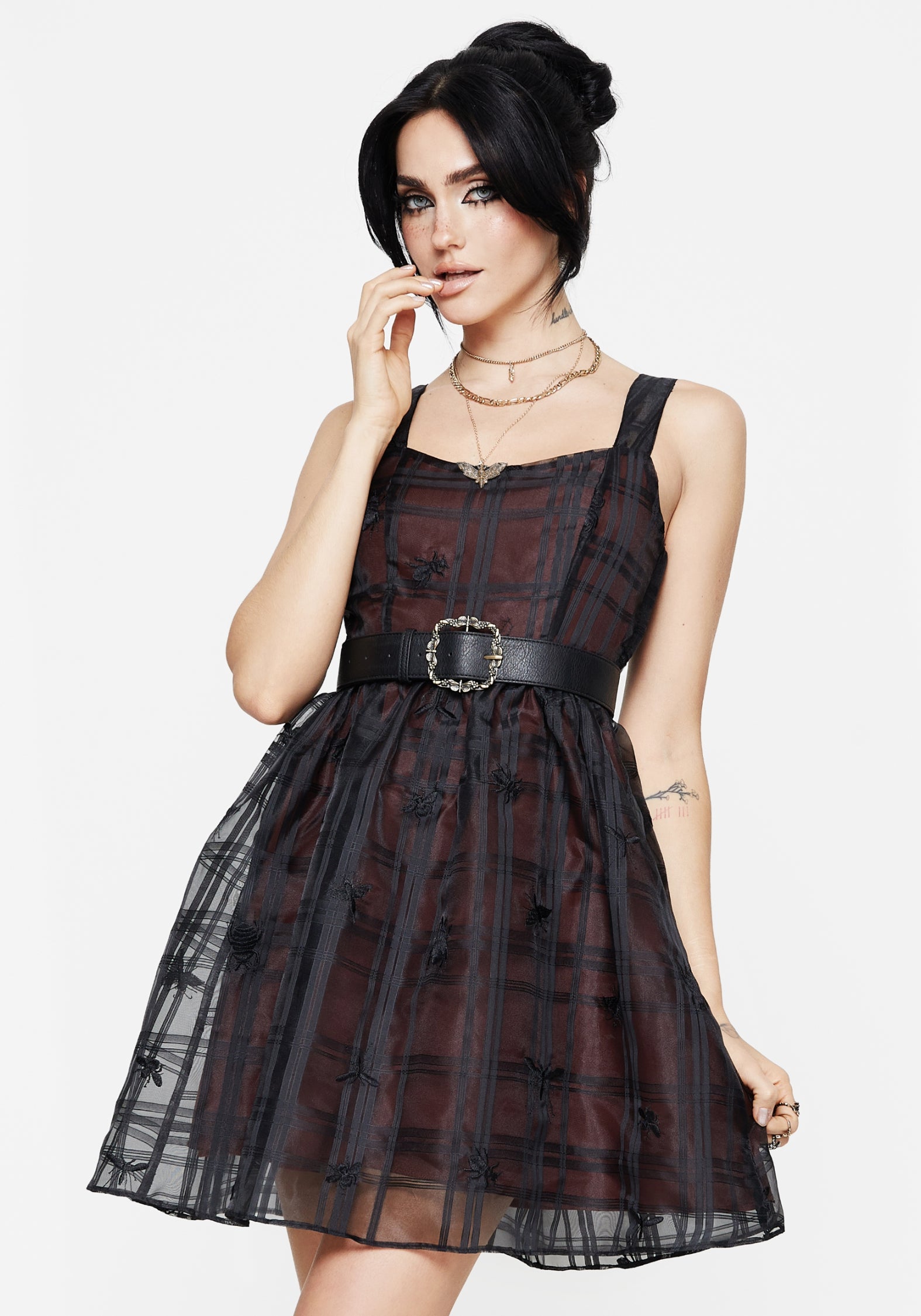 Check & Bug Embroidered Mini Dress | Sedona Organza
