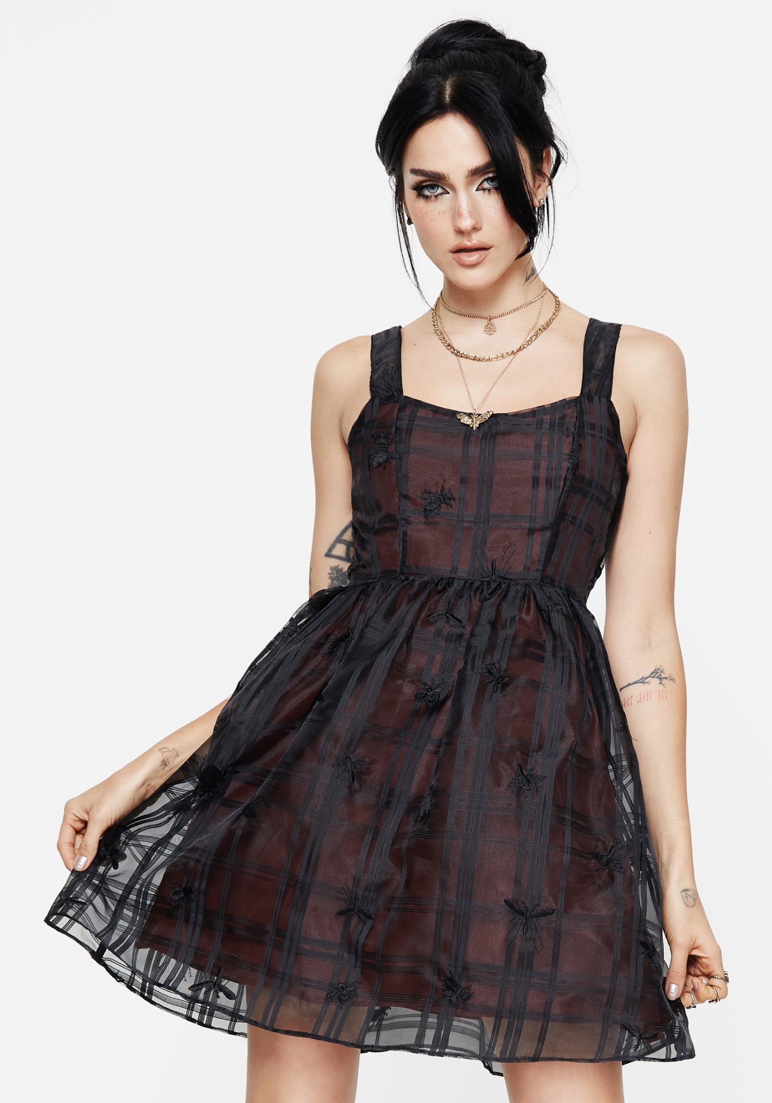 Check & Bug Embroidered Mini Dress | Sedona Organza