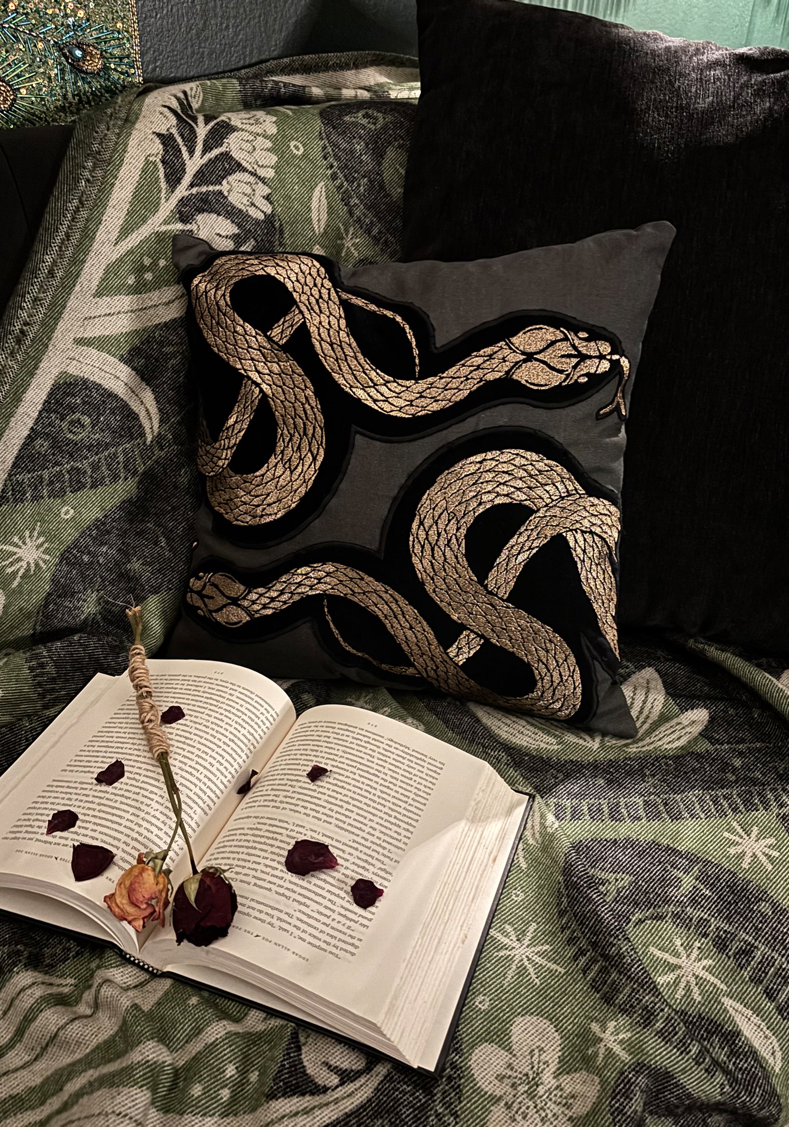 Green Velour Throw Cushion with Snake Embroidery | Zarina 40x40cm