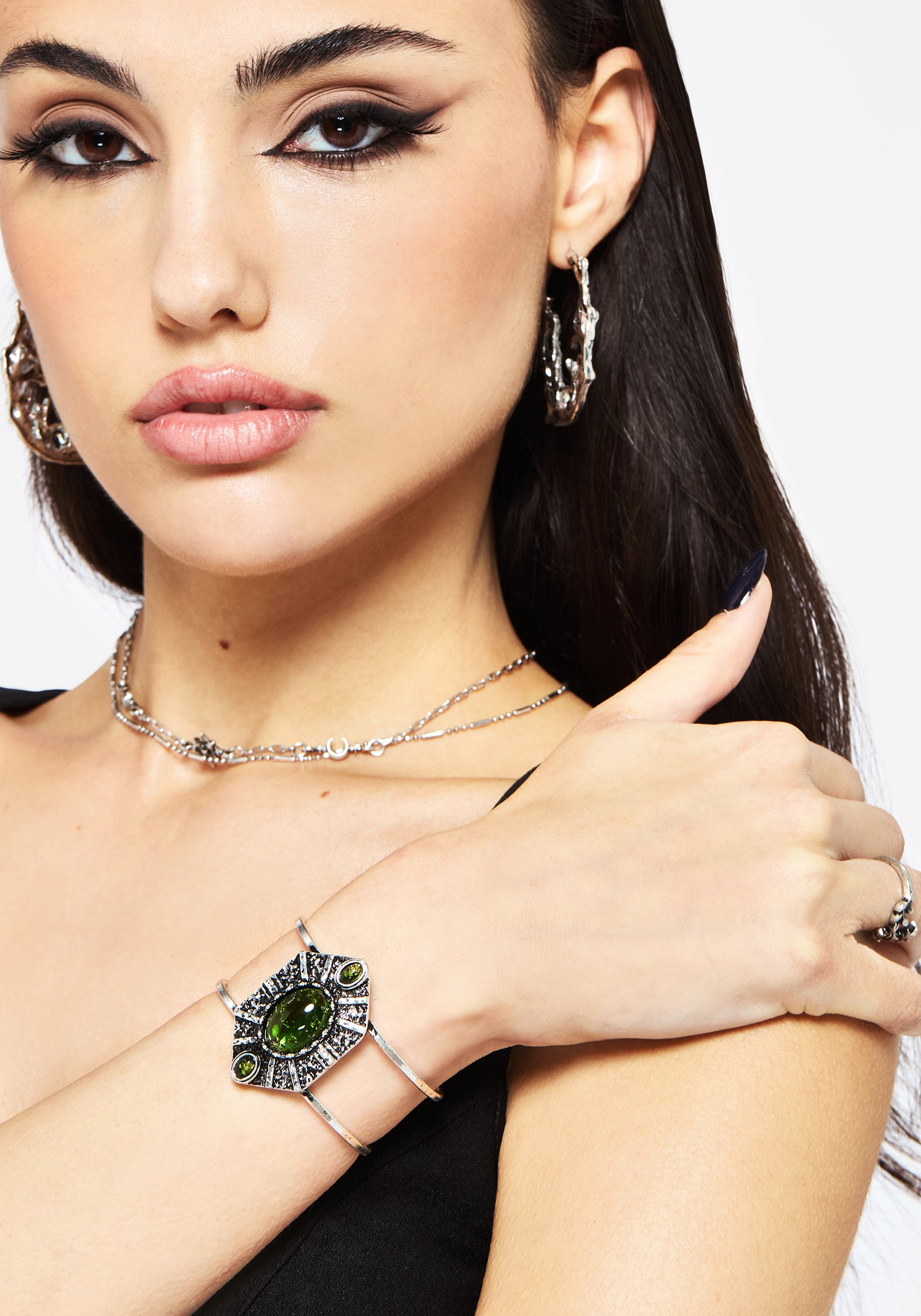 Silver Cuff Bracelet with Green Stone & Textured Design | Shiloh