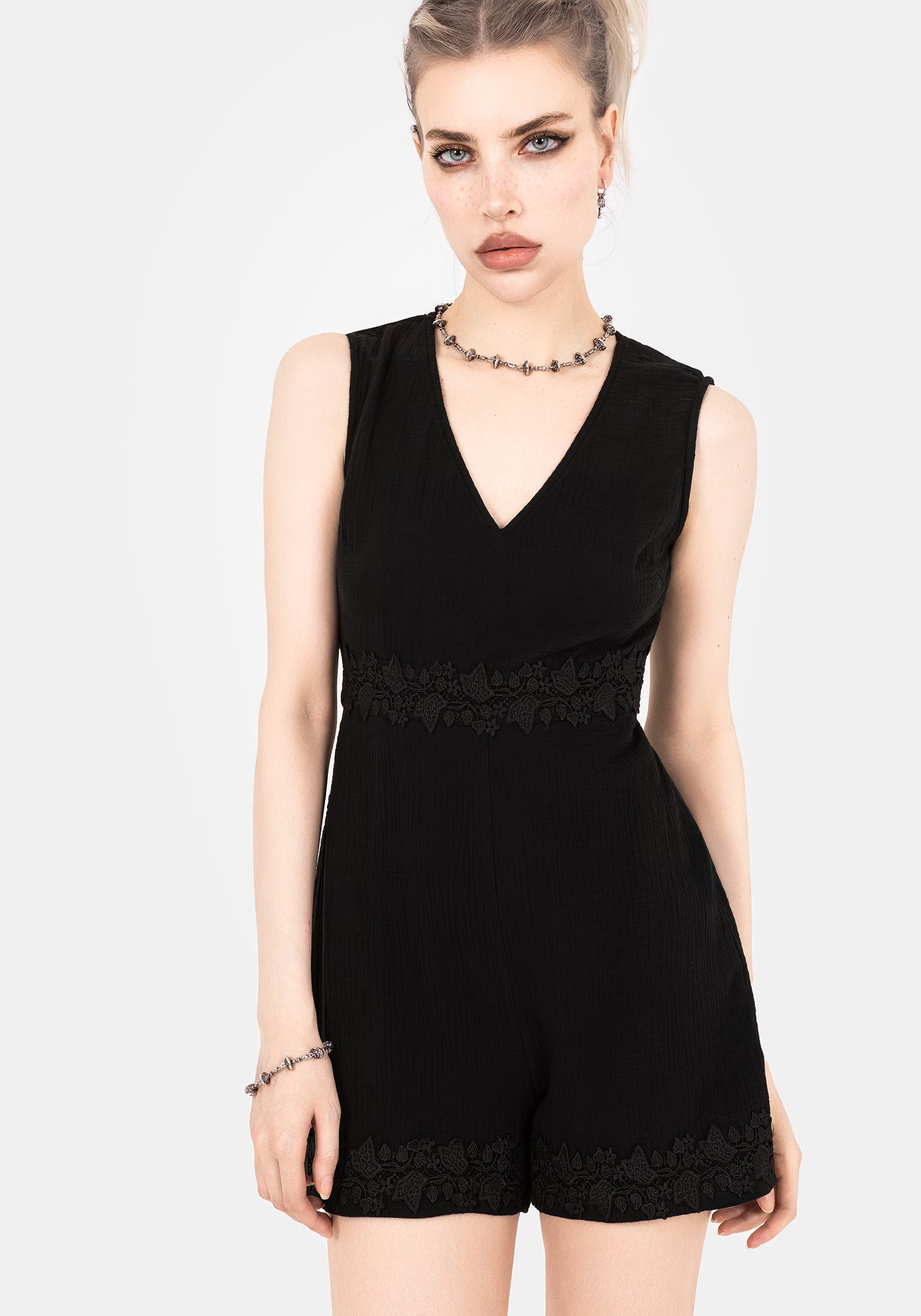 Black Cotton Playsuit with Ivy Applique & Pockets | Alder