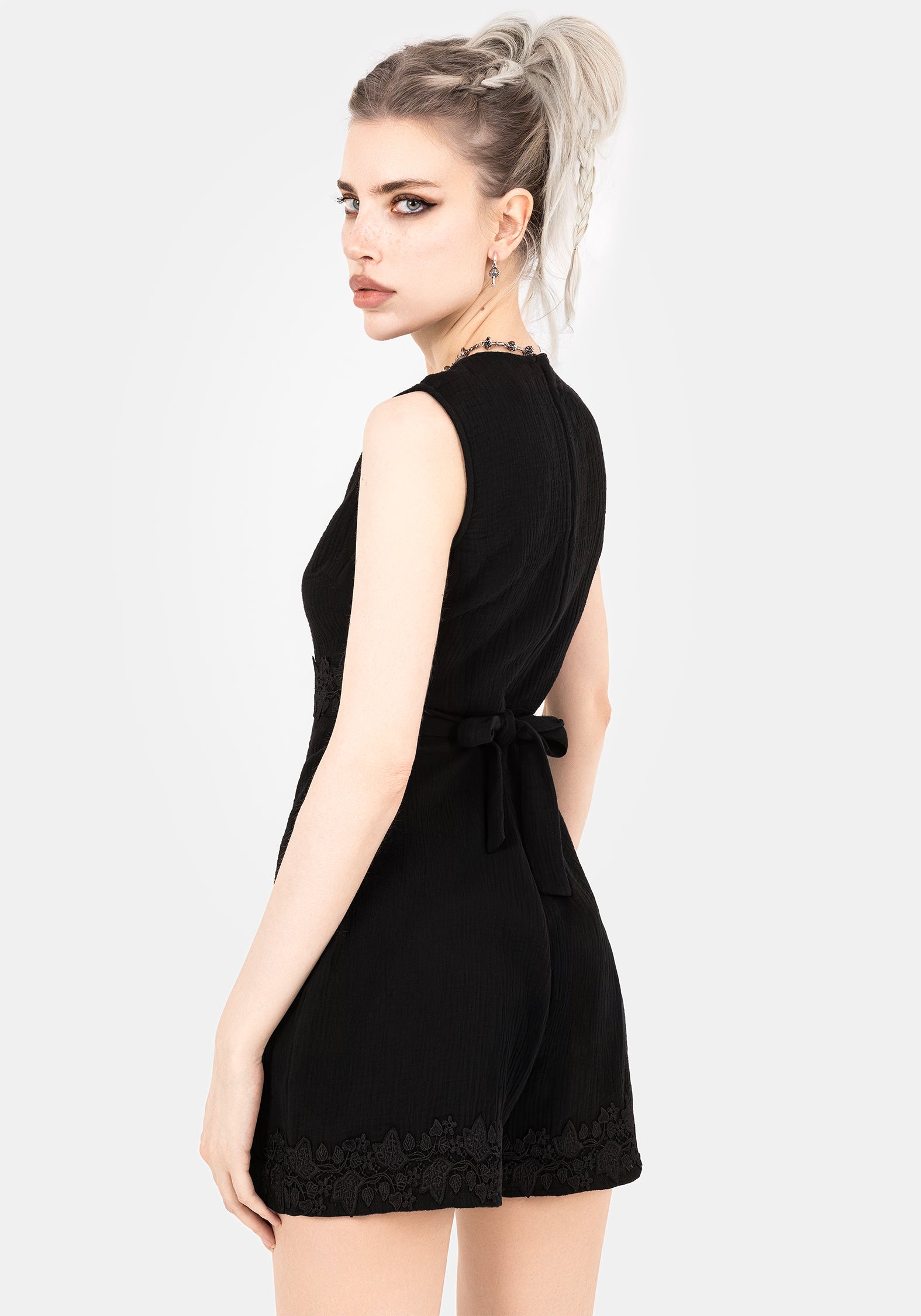 Black Cotton Playsuit with Ivy Applique & Pockets | Alder